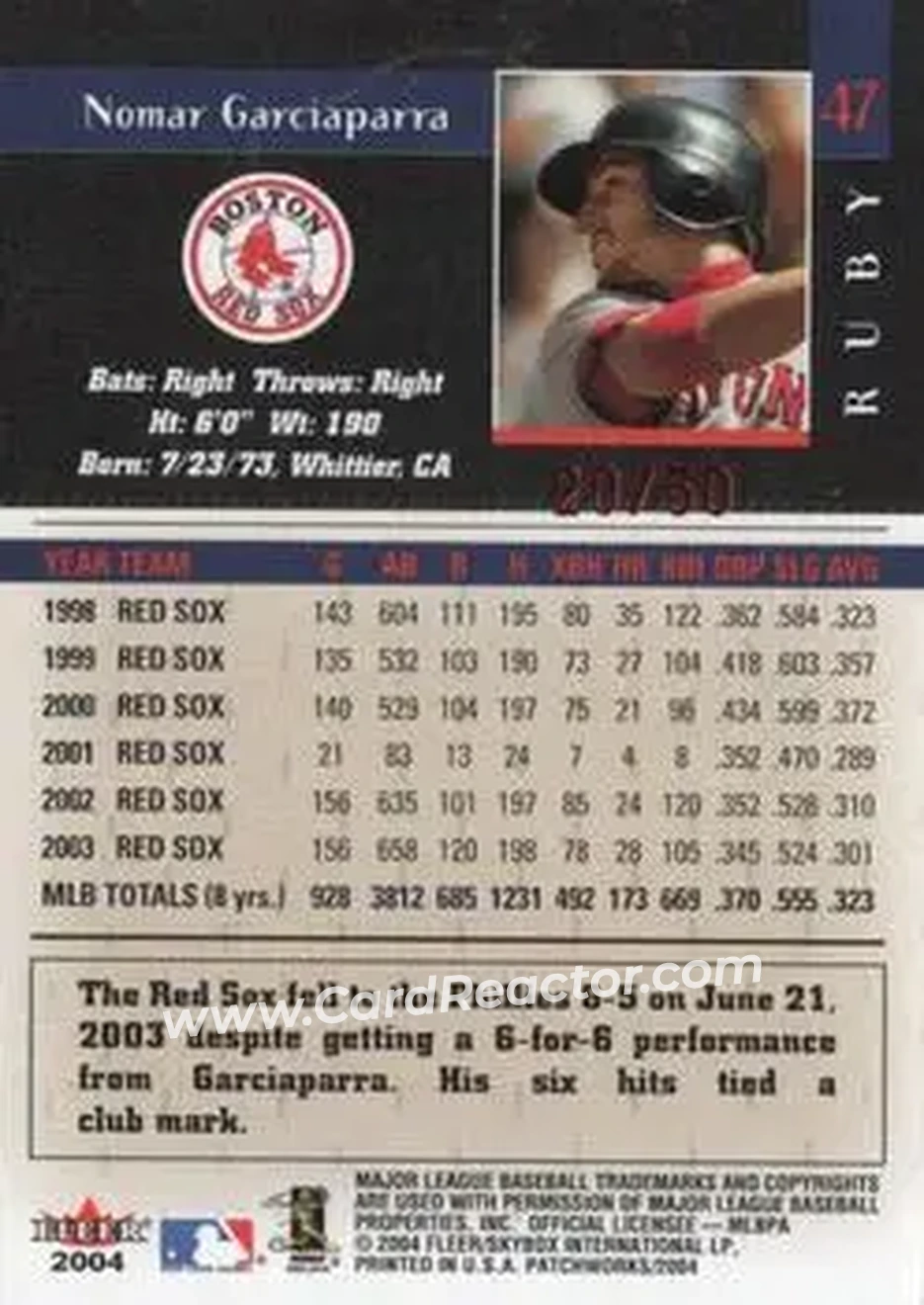 2004 Fleer Patchworks - Star Rubies #47 - Nomar Garciaparra - Boston Red Sox - Back 2004 Fleer Patchworks - Star Rubies #47 - Nomar Garciaparra - Boston Red Sox - Back