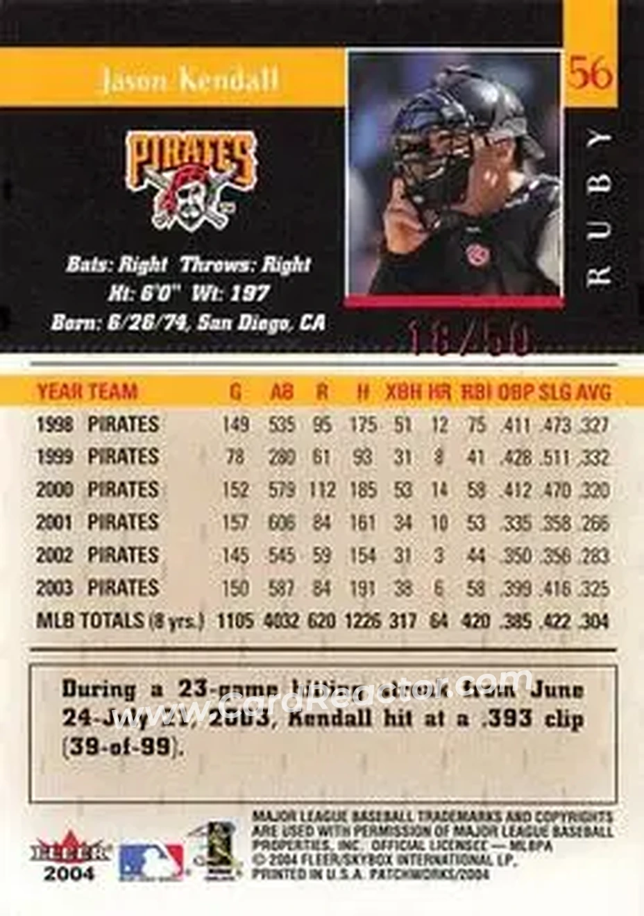 2004 Fleer Patchworks - Star Rubies #56 - Jason Kendall - Pittsburgh Pirates - Back 2004 Fleer Patchworks - Star Rubies #56 - Jason Kendall - Pittsburgh Pirates - Back