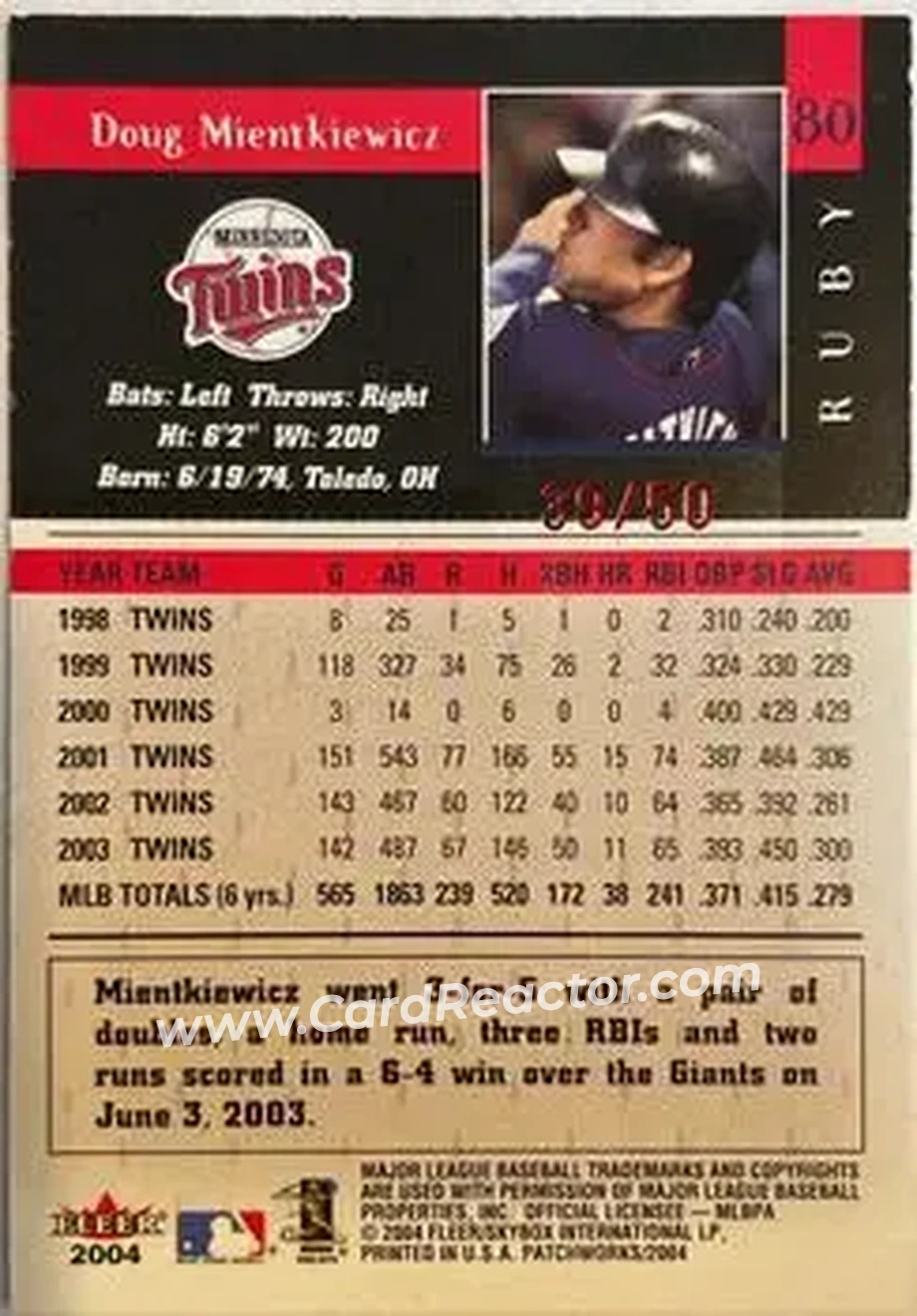 2004 Fleer Patchworks - Star Rubies #80 - Doug Mientkiewicz - Minnesota Twins - Back 2004 Fleer Patchworks - Star Rubies #80 - Doug Mientkiewicz - Minnesota Twins - Back