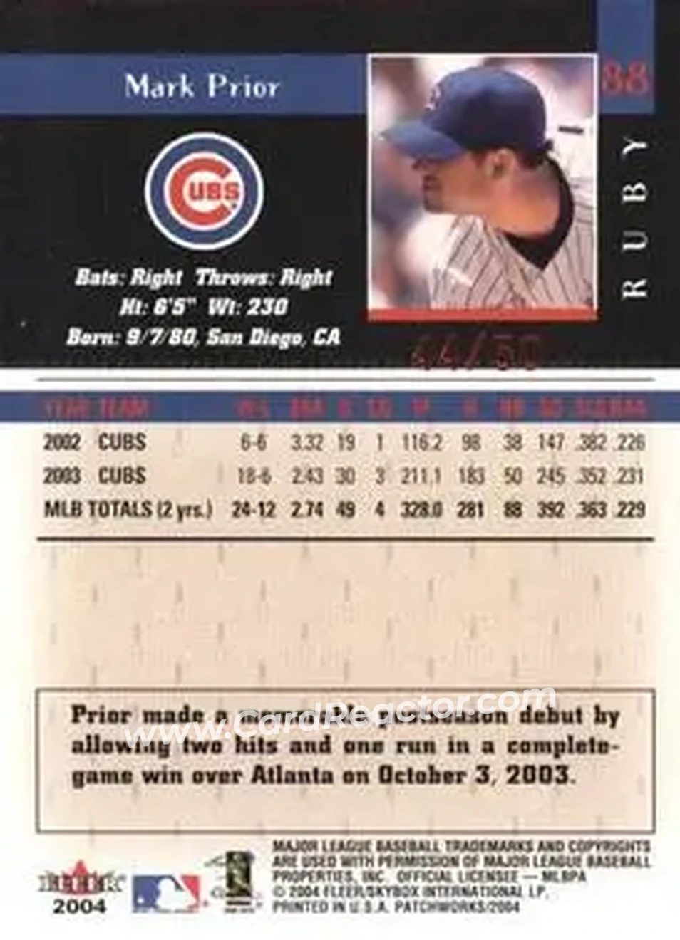 2004 Fleer Patchworks - Star Rubies #88 - Mark Prior - Chicago Cubs - Back