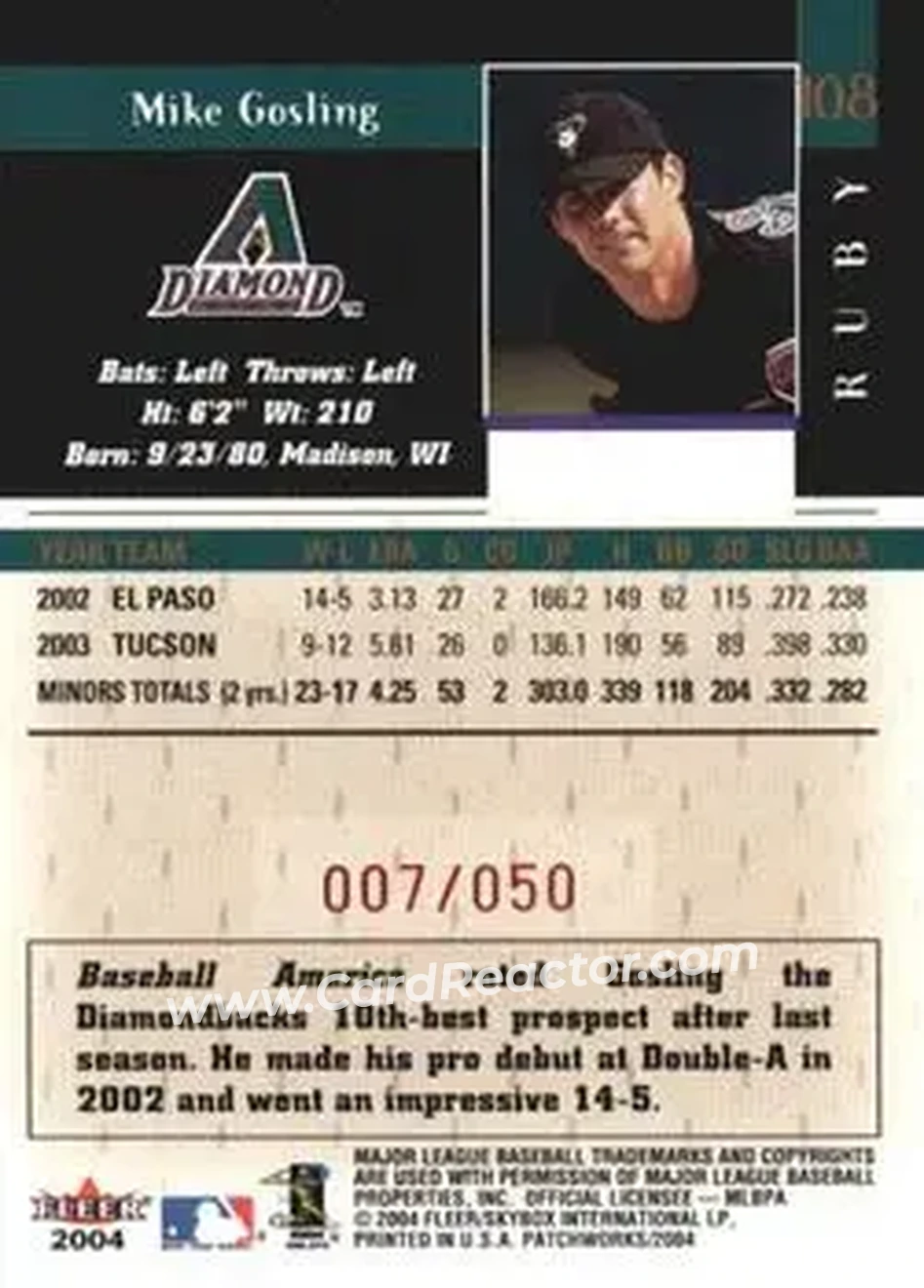 2004 Fleer Patchworks - Star Rubies #108 - Mike Gosling - Arizona Diamondbacks - Back 2004 Fleer Patchworks - Star Rubies #108 - Mike Gosling - Arizona Diamondbacks - Back