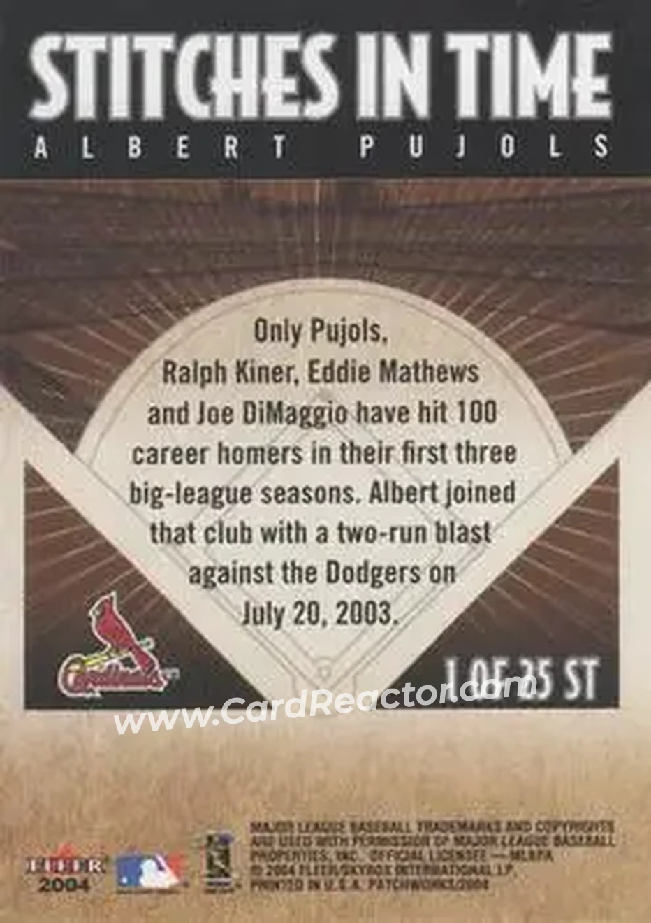 2004 Fleer Patchworks - Stitches in Time #1 ST - Albert Pujols - St. Louis Cardinals - Back