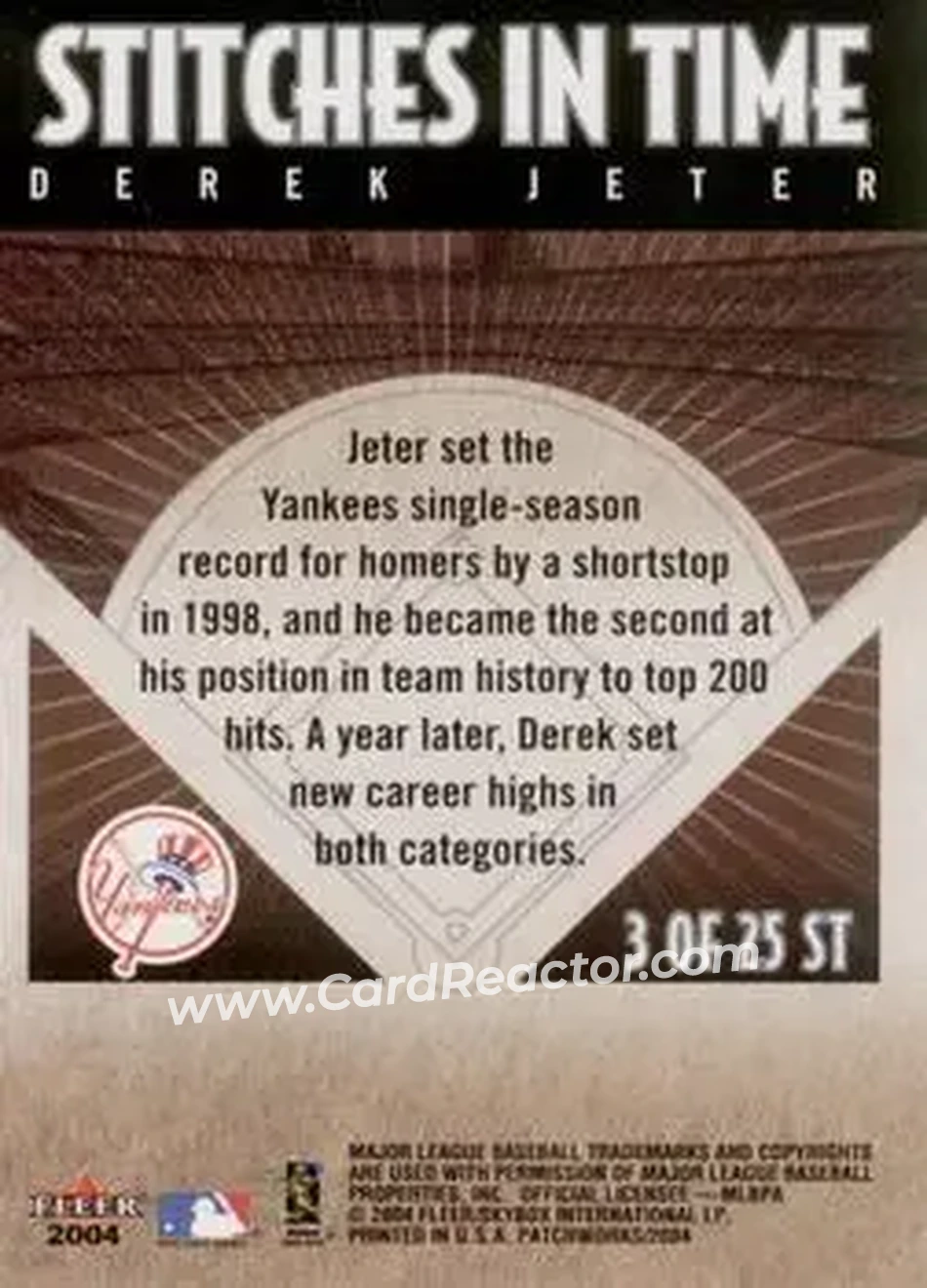 2004 Fleer Patchworks - Stitches in Time #3 ST - Derek Jeter - New York Yankees - Back