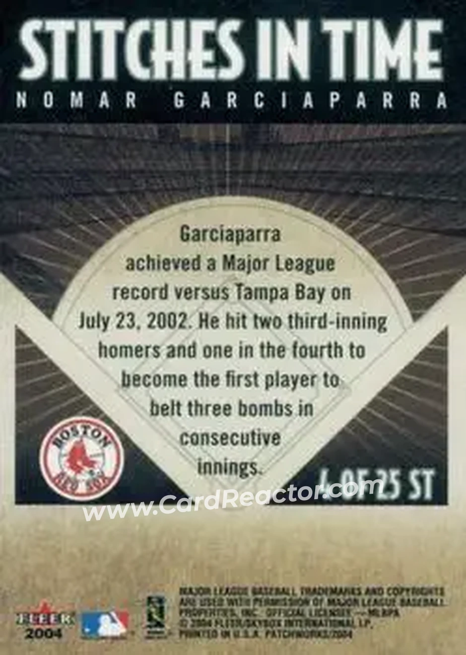 2004 Fleer Patchworks - Stitches in Time #4 ST - Nomar Garciaparra - Boston Red Sox - Back 2004 Fleer Patchworks - Stitches in Time #4 ST - Nomar Garciaparra - Boston Red Sox - Back