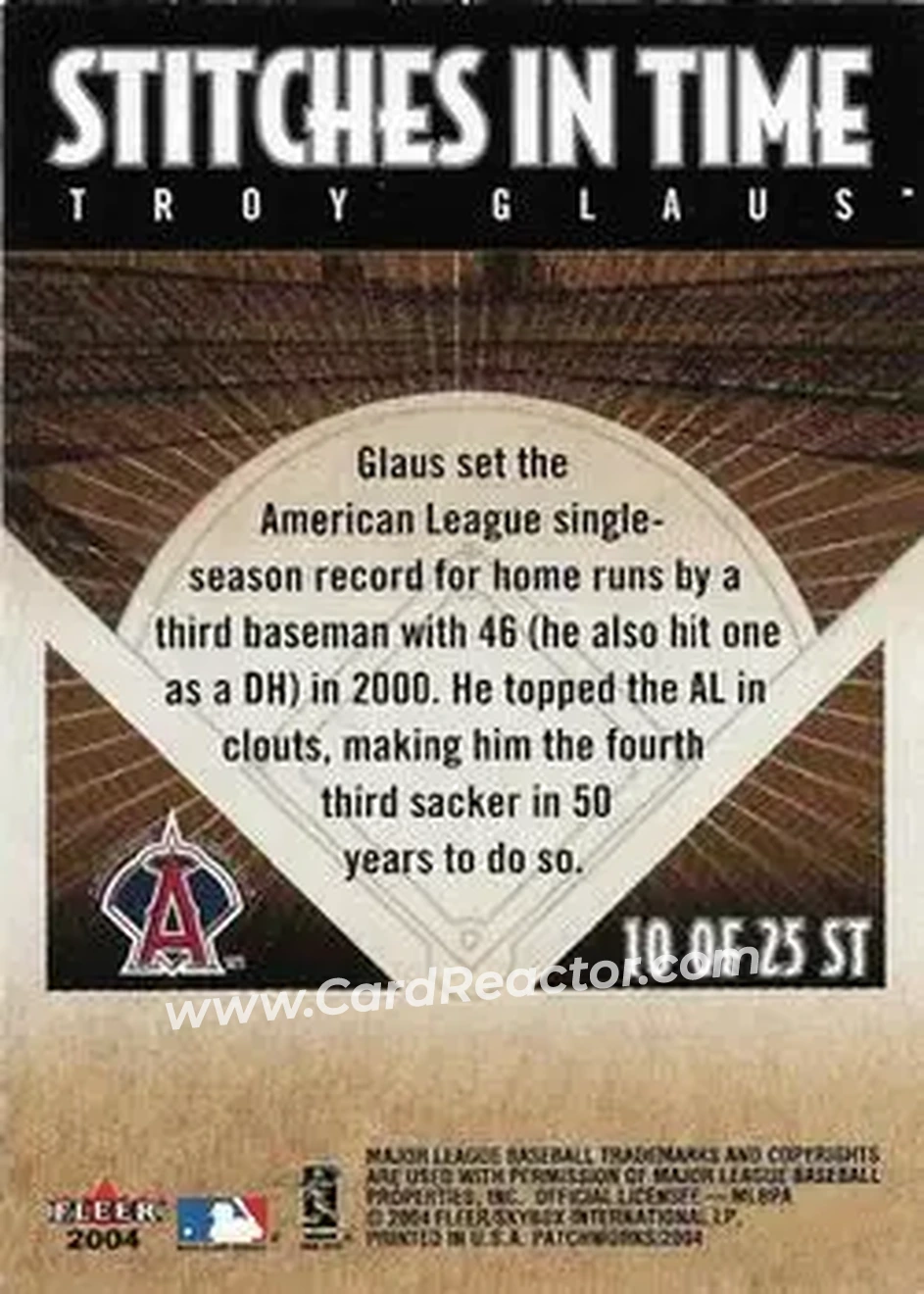 2004 Fleer Patchworks - Stitches in Time #10 ST - Troy Glaus - Anaheim Angels - Back 2004 Fleer Patchworks - Stitches in Time #10 ST - Troy Glaus - Anaheim Angels - Back