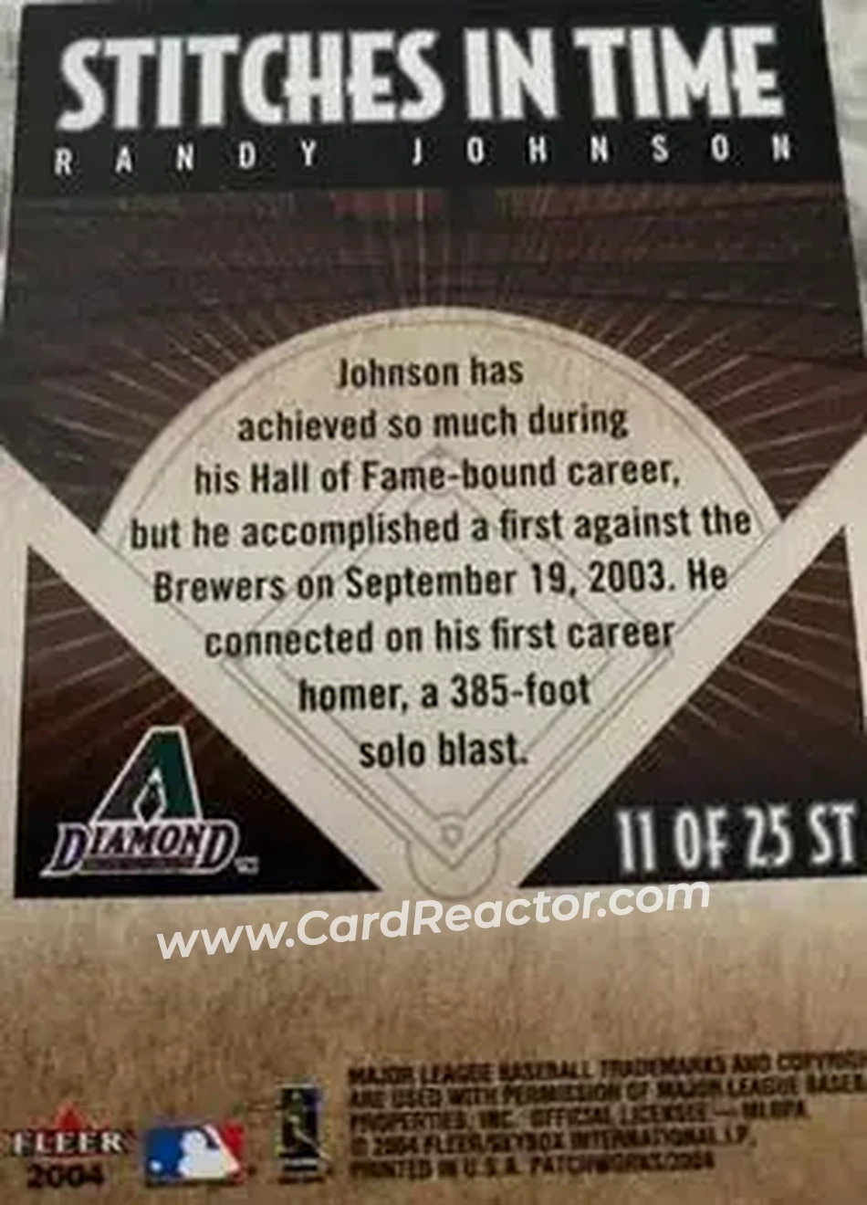 2004 Fleer Patchworks - Stitches in Time #11 ST - Randy Johnson - Arizona Diamondbacks - Back