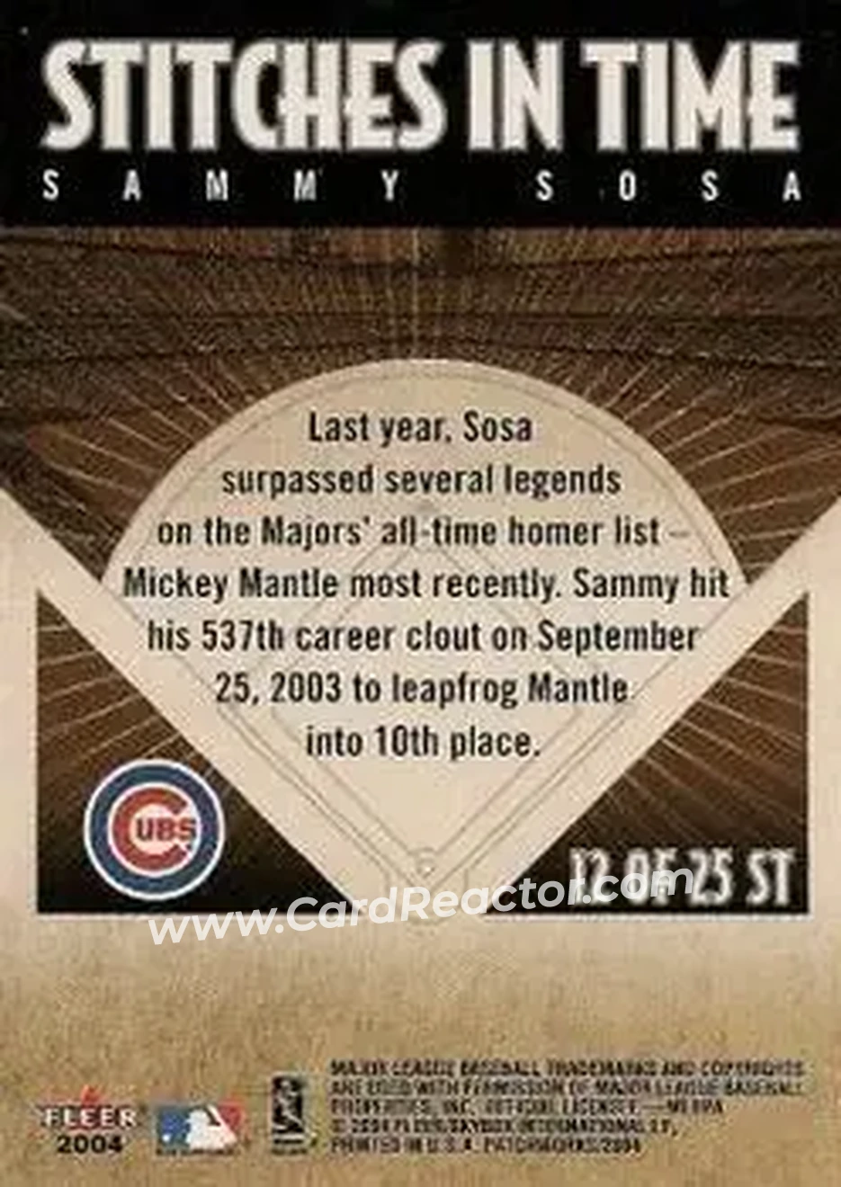 2004 Fleer Patchworks - Stitches in Time #12 ST - Sammy Sosa - Chicago Cubs - Back 2004 Fleer Patchworks - Stitches in Time #12 ST - Sammy Sosa - Chicago Cubs - Back