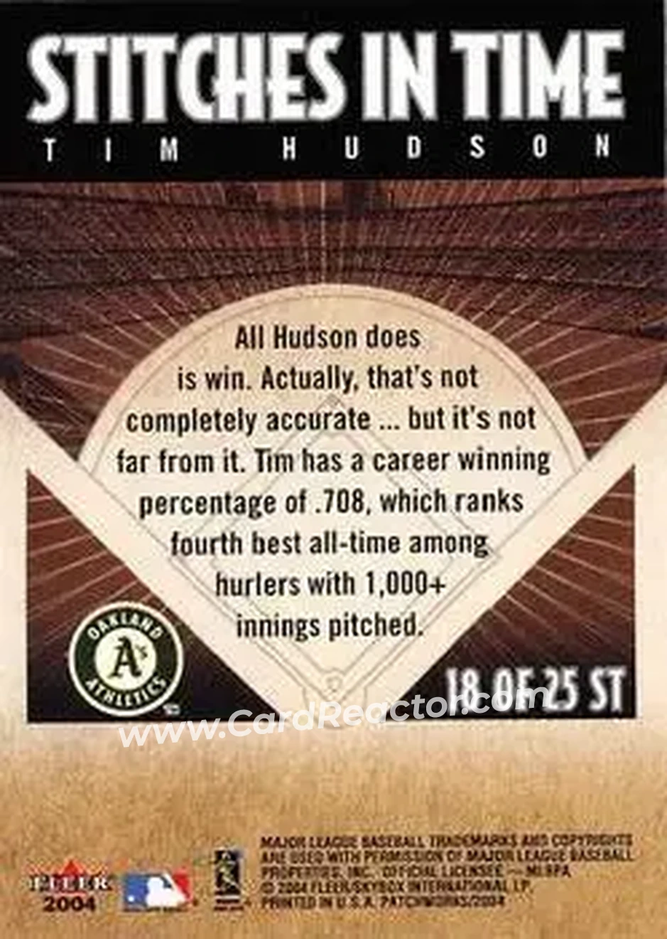 2004 Fleer Patchworks - Stitches in Time #18 ST - Tim Hudson - Oakland Athletics - Back 2004 Fleer Patchworks - Stitches in Time #18 ST - Tim Hudson - Oakland Athletics - Back