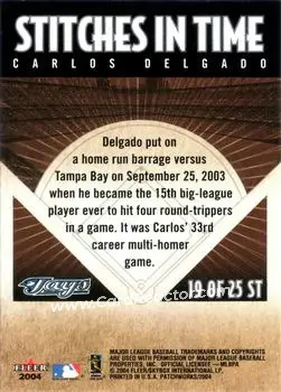 2004 Fleer Patchworks - Stitches in Time #19 ST - Carlos Delgado - Toronto Blue Jays - Back 2004 Fleer Patchworks - Stitches in Time #19 ST - Carlos Delgado - Toronto Blue Jays - Back