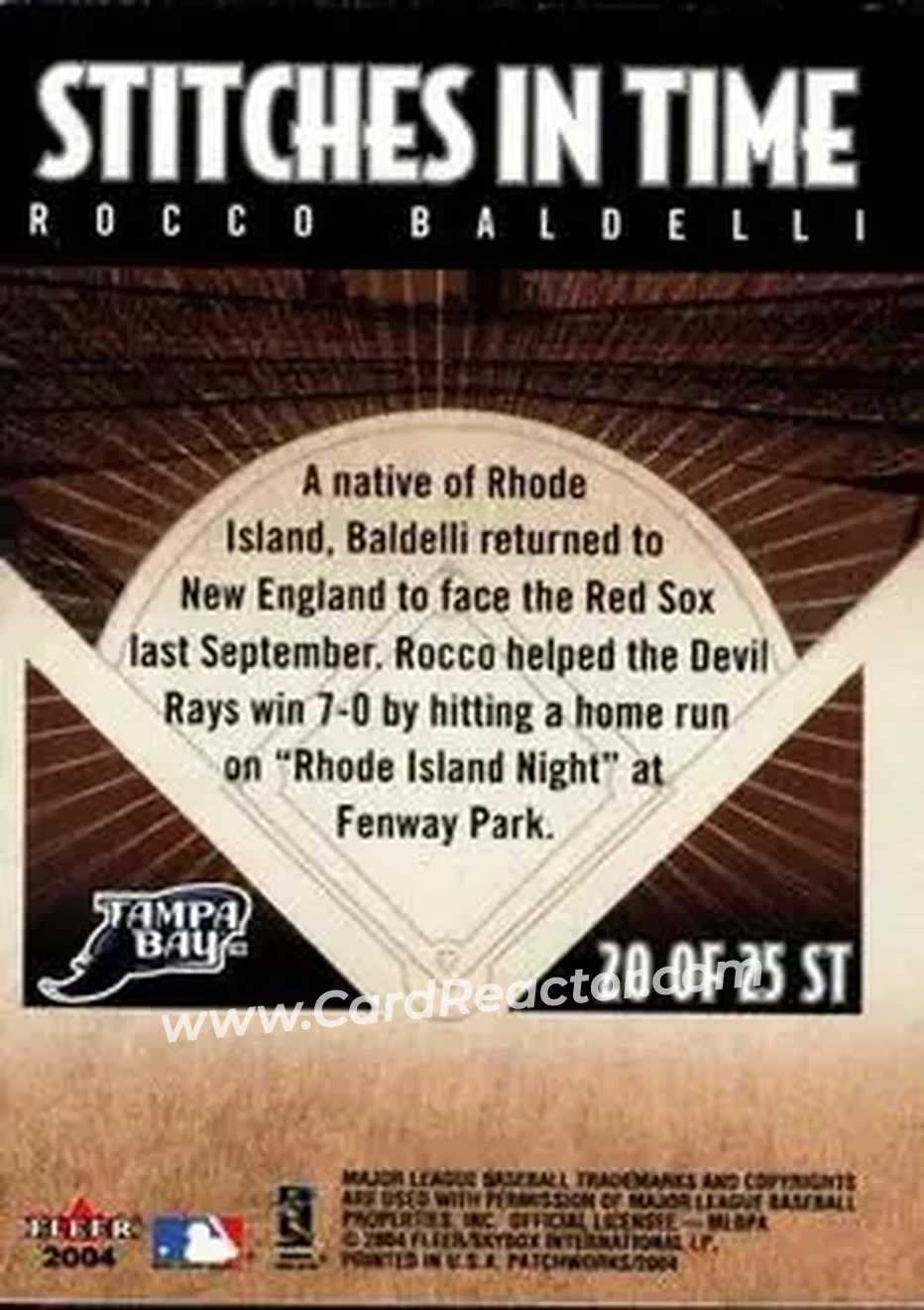 2004 Fleer Patchworks - Stitches in Time #20 ST - Rocco Baldelli - Tampa Bay Devil Rays - Back 2004 Fleer Patchworks - Stitches in Time #20 ST - Rocco Baldelli - Tampa Bay Devil Rays - Back