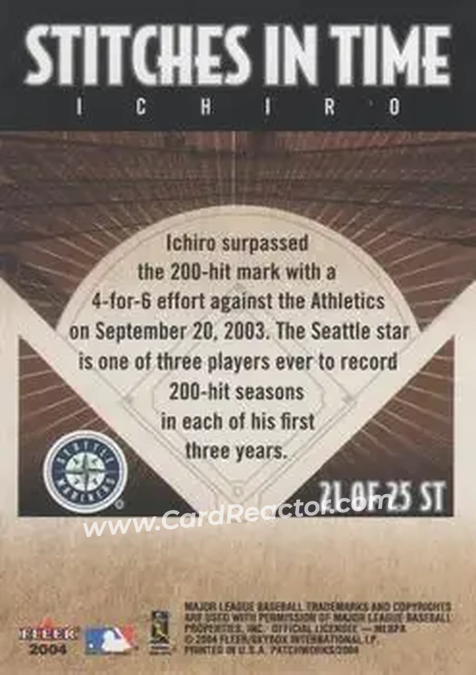 2004 Fleer Patchworks - Stitches in Time #21 ST - Ichiro - Seattle Mariners - Back 2004 Fleer Patchworks - Stitches in Time #21 ST - Ichiro - Seattle Mariners - Back