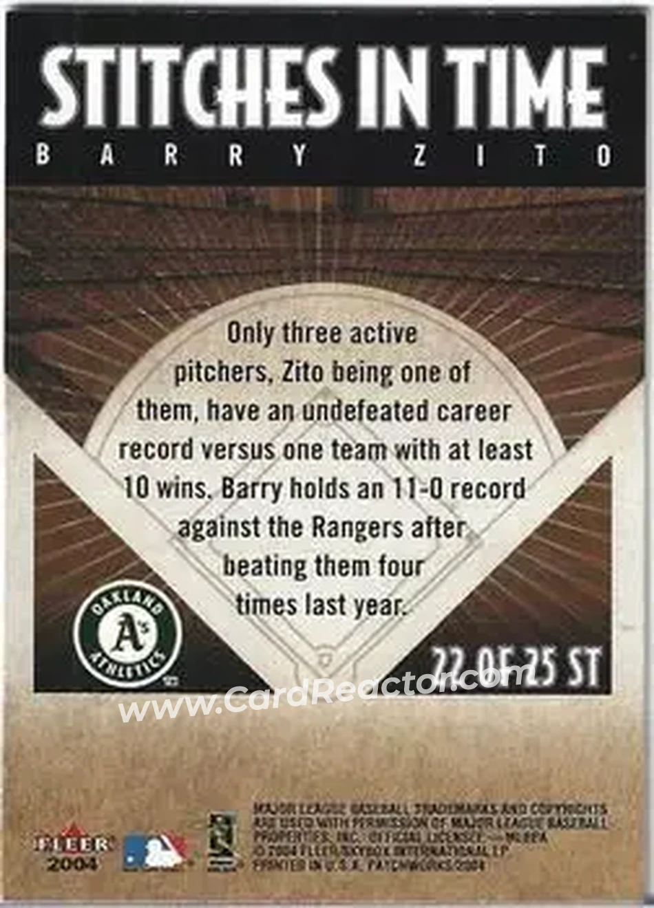 2004 Fleer Patchworks - Stitches in Time #22 ST - Barry Zito - Oakland Athletics - Back 2004 Fleer Patchworks - Stitches in Time #22 ST - Barry Zito - Oakland Athletics - Back