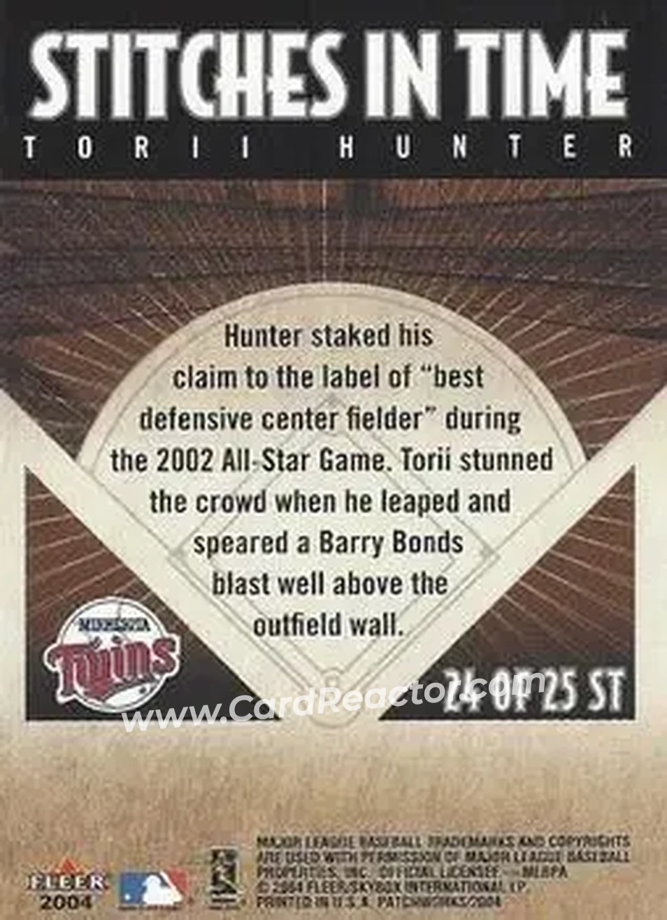 2004 Fleer Patchworks - Stitches in Time #24 ST - Torii Hunter - Minnesota Twins - Back