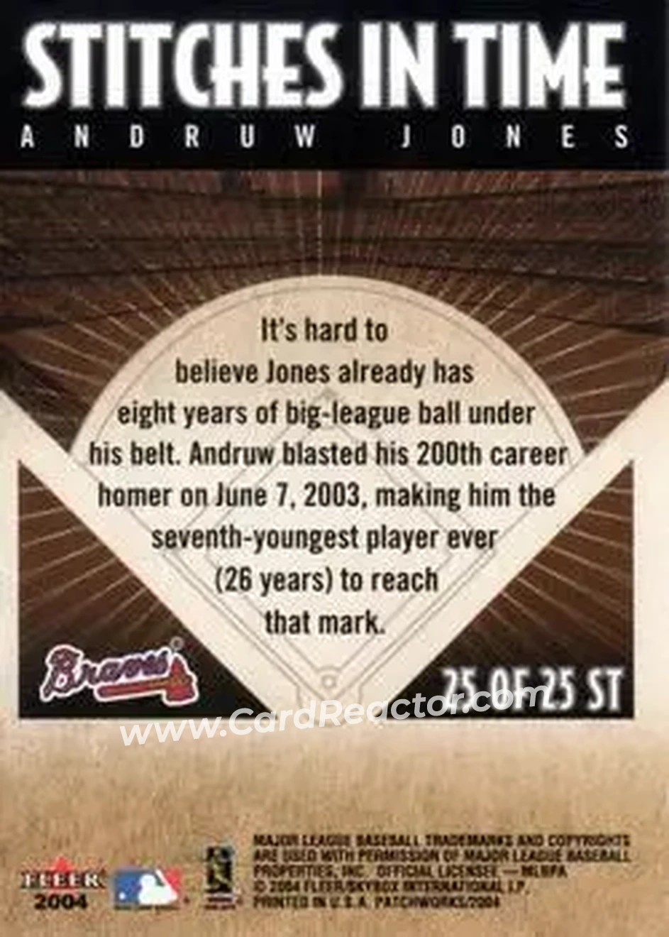 2004 Fleer Patchworks - Stitches in Time #25 ST - Andruw Jones - Atlanta Braves - Back 2004 Fleer Patchworks - Stitches in Time #25 ST - Andruw Jones - Atlanta Braves - Back