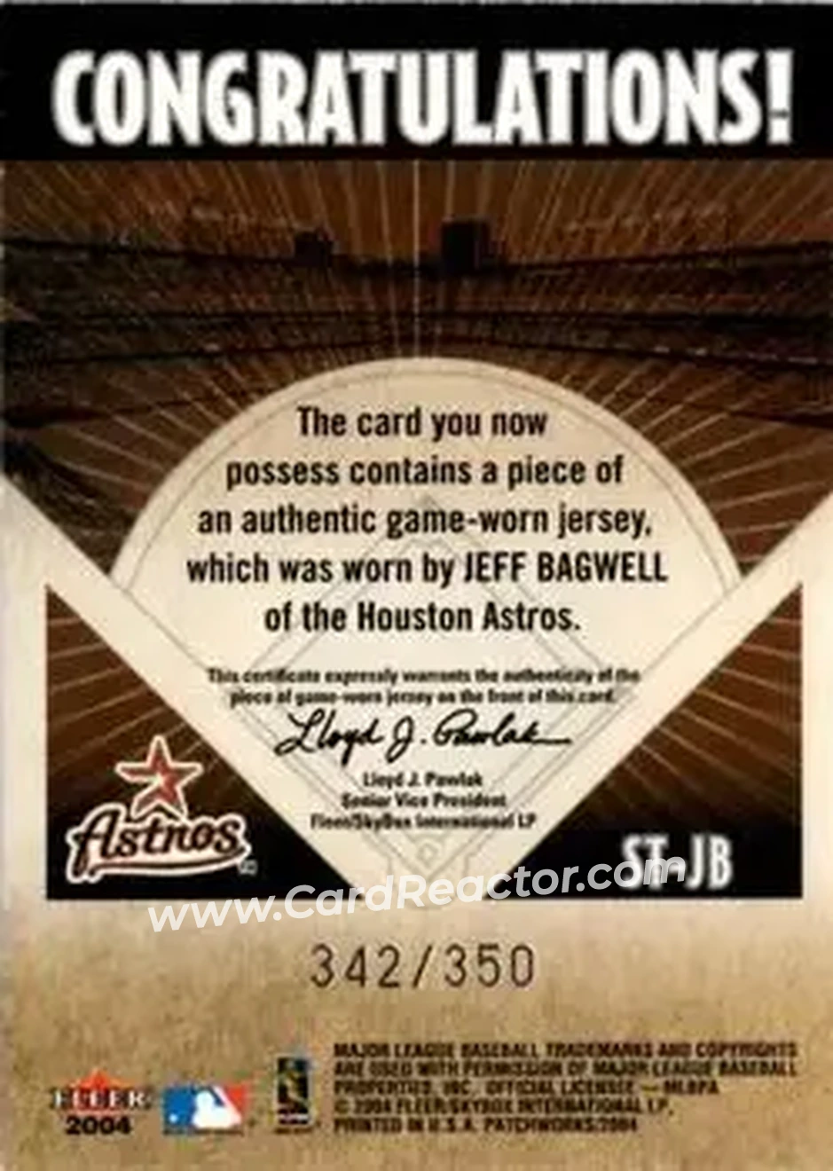 2004 Fleer Patchworks - Stitches in Time Jersey #ST-JB - Jeff Bagwell - Houston Astros - Back