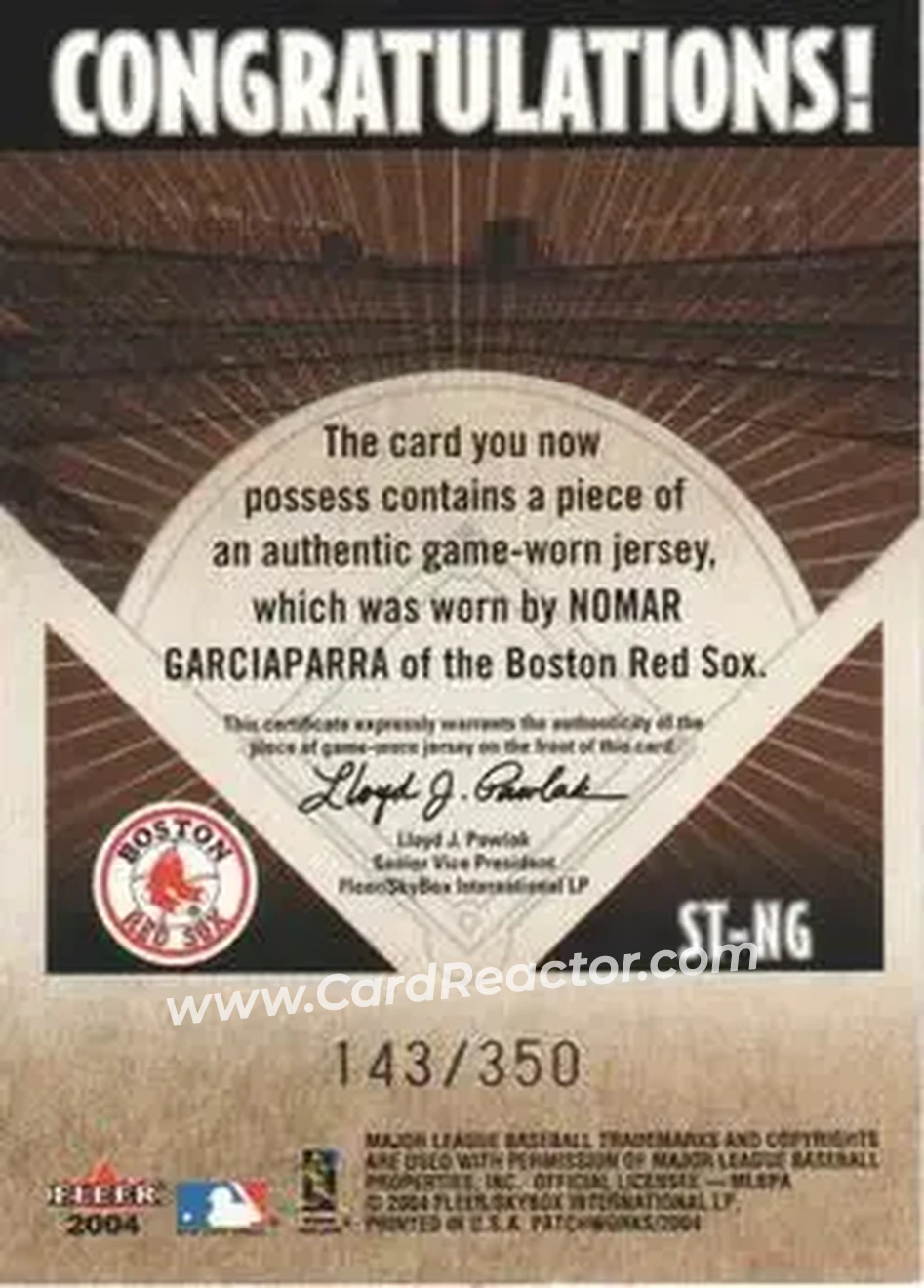 2004 Fleer Patchworks - Stitches in Time Jersey #ST-NG - Nomar Garciaparra - Boston Red Sox - Back