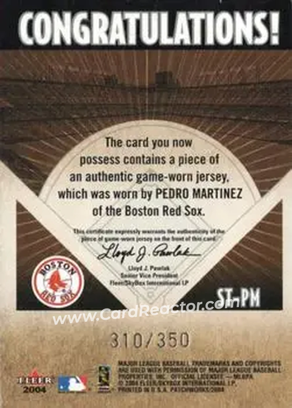 2004 Fleer Patchworks - Stitches in Time Jersey #ST-PM - Pedro Martinez - Boston Red Sox - Back 2004 Fleer Patchworks - Stitches in Time Jersey #ST-PM - Pedro Martinez - Boston Red Sox - Back