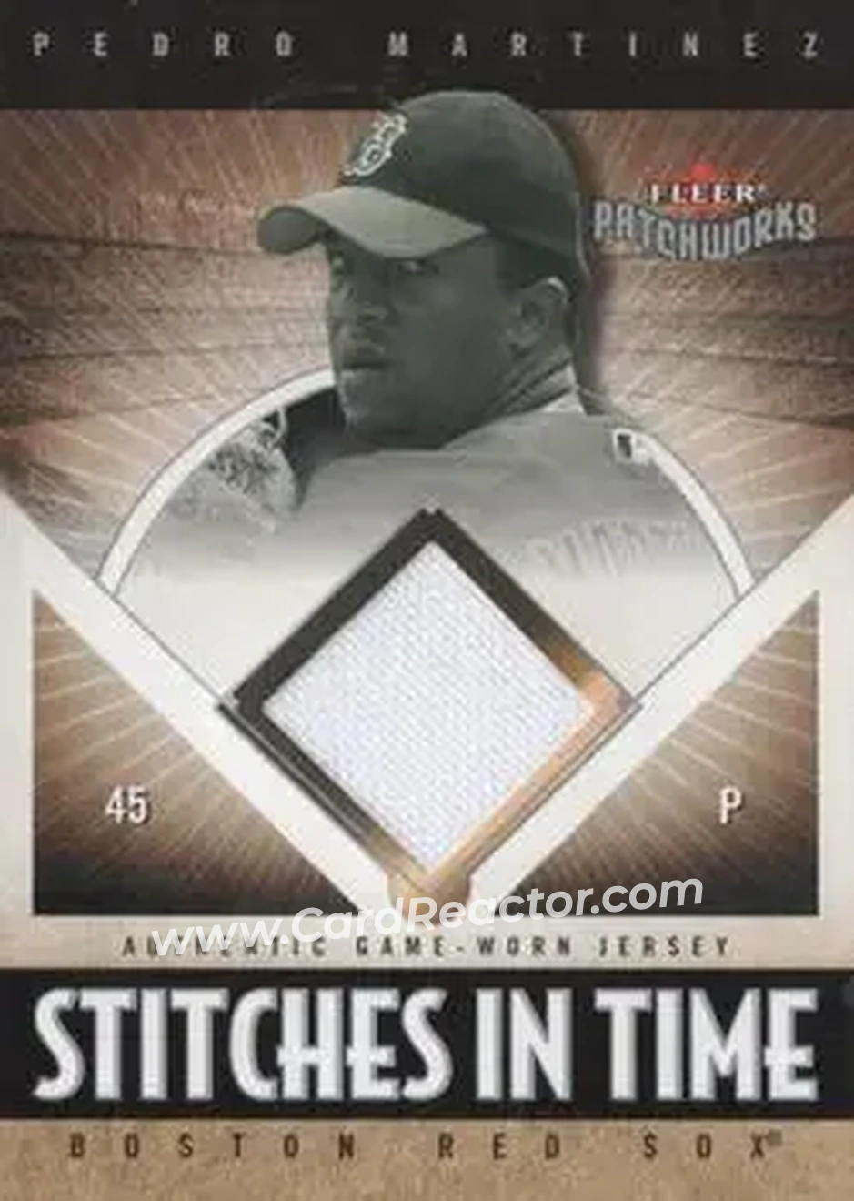 2004 Fleer Patchworks - Stitches in Time Jersey #ST-PM - Pedro Martinez - Boston Red Sox - Front 2004 Fleer Patchworks - Stitches in Time Jersey #ST-PM - Pedro Martinez - Boston Red Sox - Front