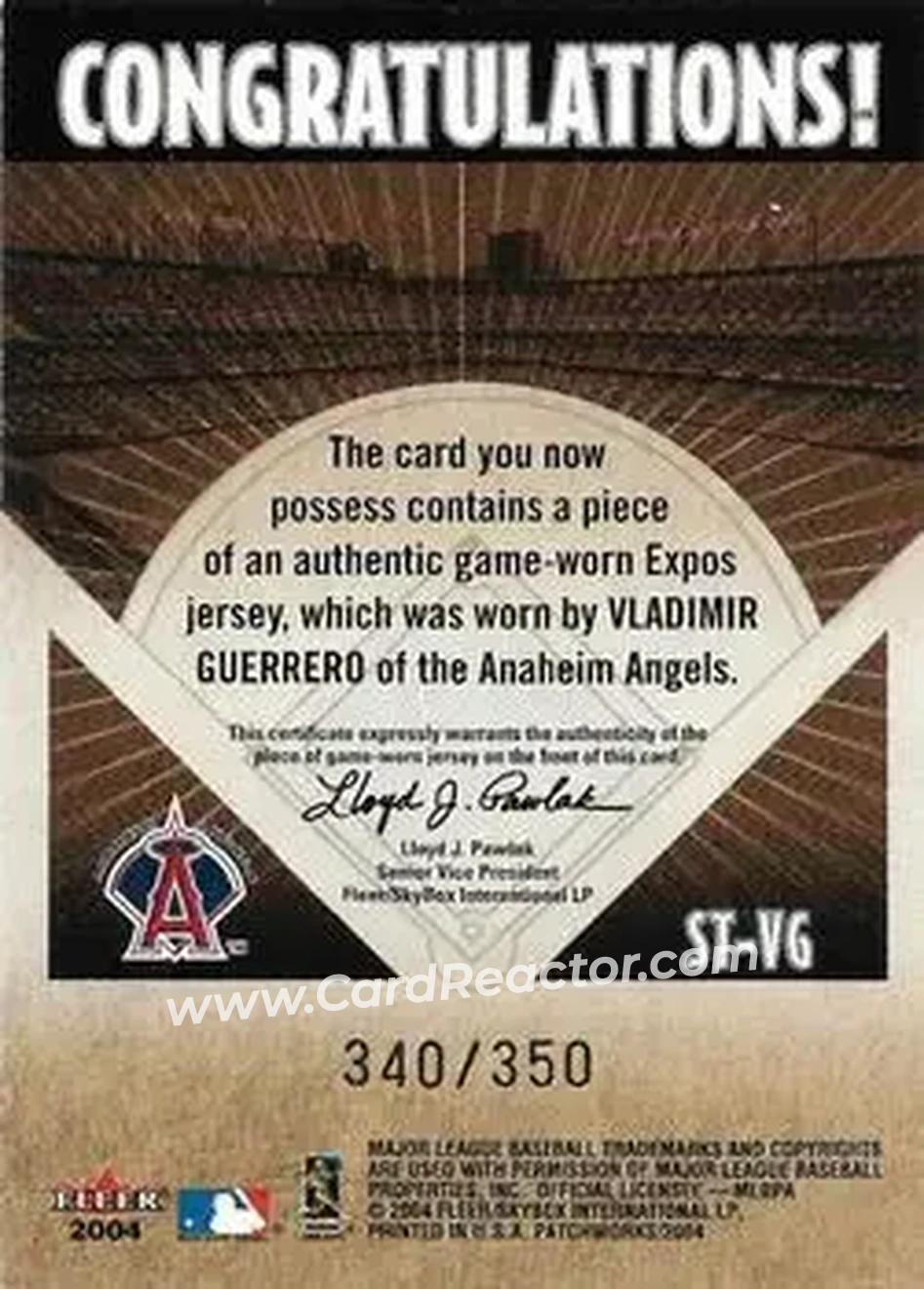 2004 Fleer Patchworks - Stitches in Time Jersey #ST-VG - Vladimir Guerrero - Anaheim Angels - Back