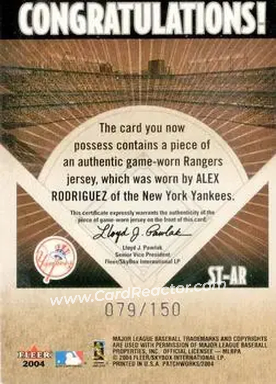 2004 Fleer Patchworks - Stitches in Time Patch #ST-AR - Alex Rodriguez - New York Yankees - Back 2004 Fleer Patchworks - Stitches in Time Patch #ST-AR - Alex Rodriguez - New York Yankees - Back