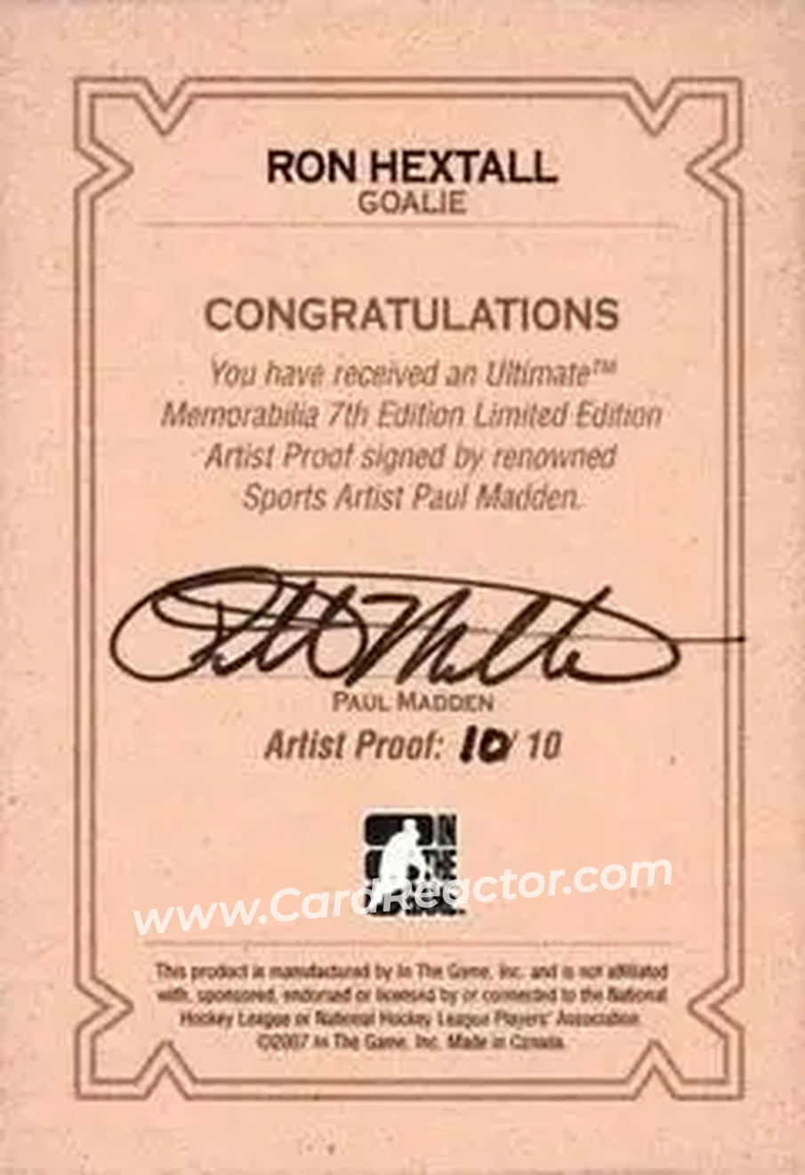 2006-07 In The Game Ultimate Memorabilia - Artist Proof #NNO - Ron Hextall - Philadelphia Flyers - Back
