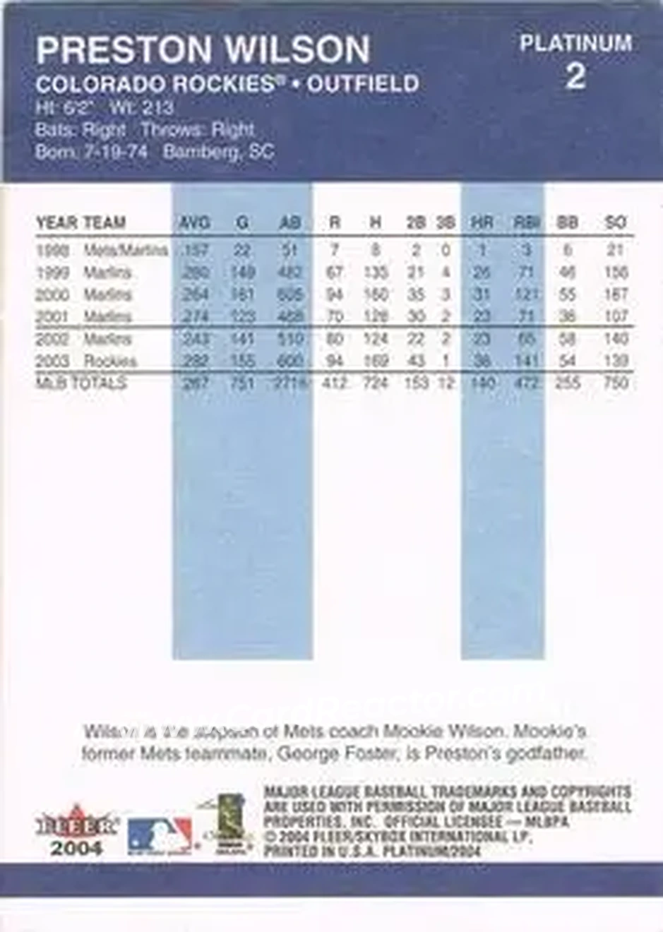 2004 Fleer Platinum #2 - Preston Wilson - Colorado Rockies - Back 2004 Fleer Platinum #2 - Preston Wilson - Colorado Rockies - Back