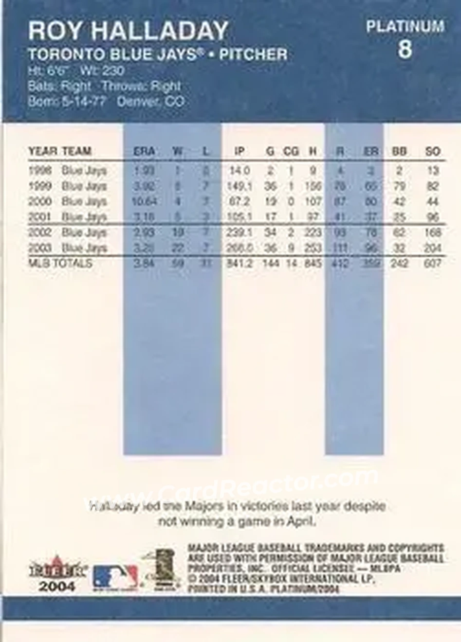 2004 Fleer Platinum #8 - Roy Halladay - Toronto Blue Jays - Back