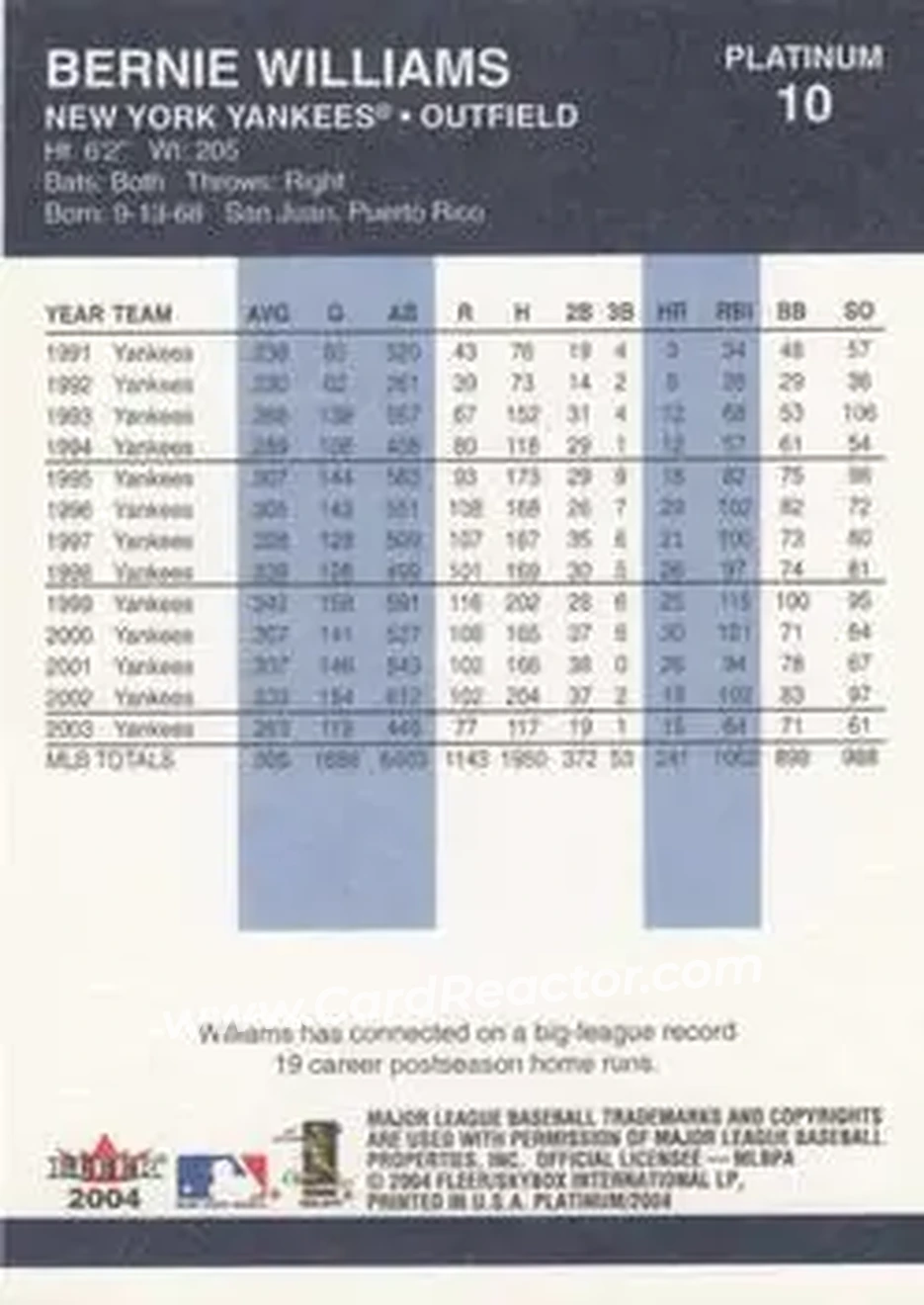 2004 Fleer Platinum #10 - Bernie Williams - New York Yankees - Back 2004 Fleer Platinum #10 - Bernie Williams - New York Yankees - Back