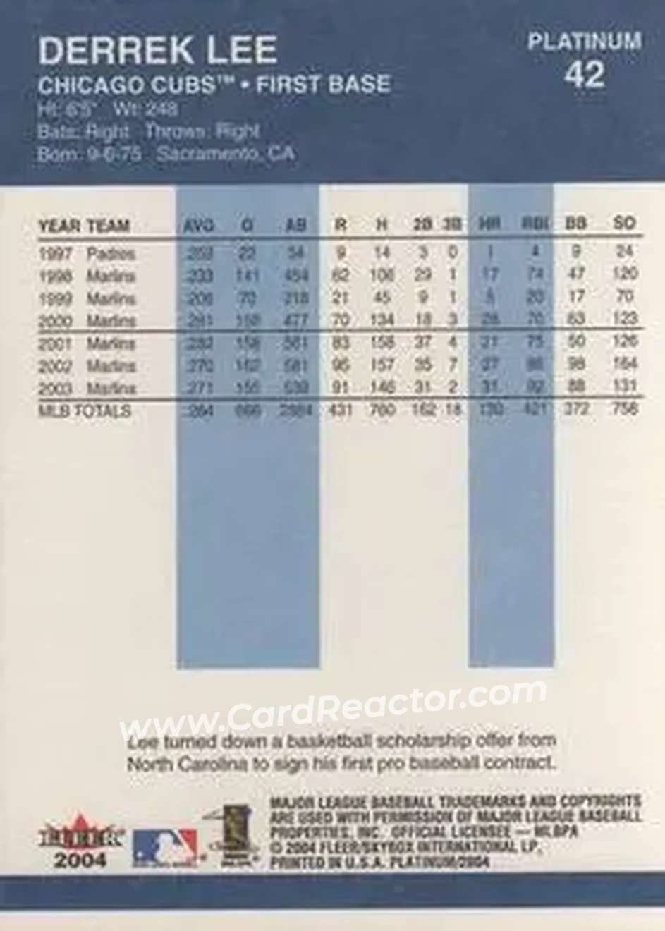 2004 Fleer Platinum #42 - Derrek Lee - Chicago Cubs - Back