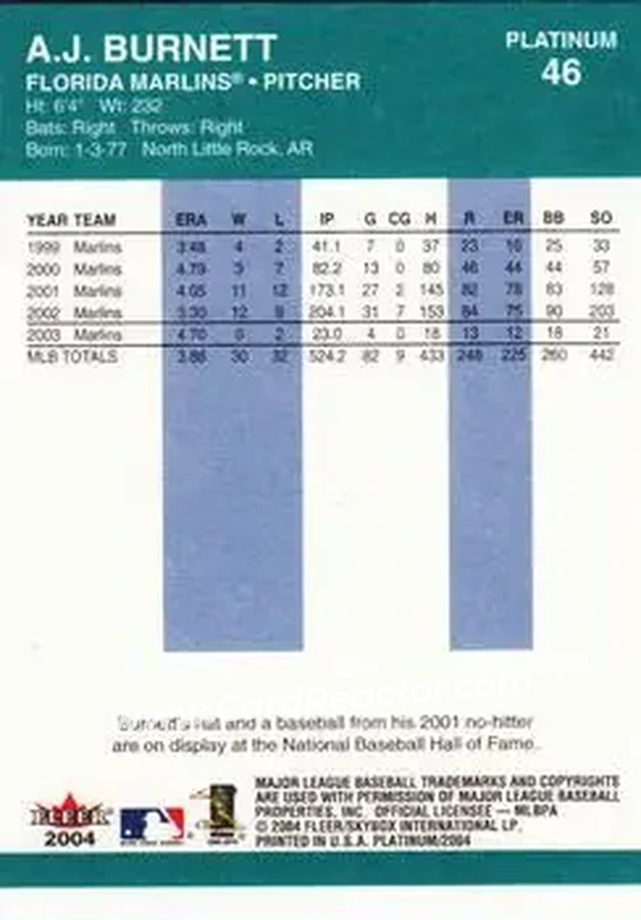 2004 Fleer Platinum #46 - A.J. Burnett - Florida Marlins - Back 2004 Fleer Platinum #46 - A.J. Burnett - Florida Marlins - Back