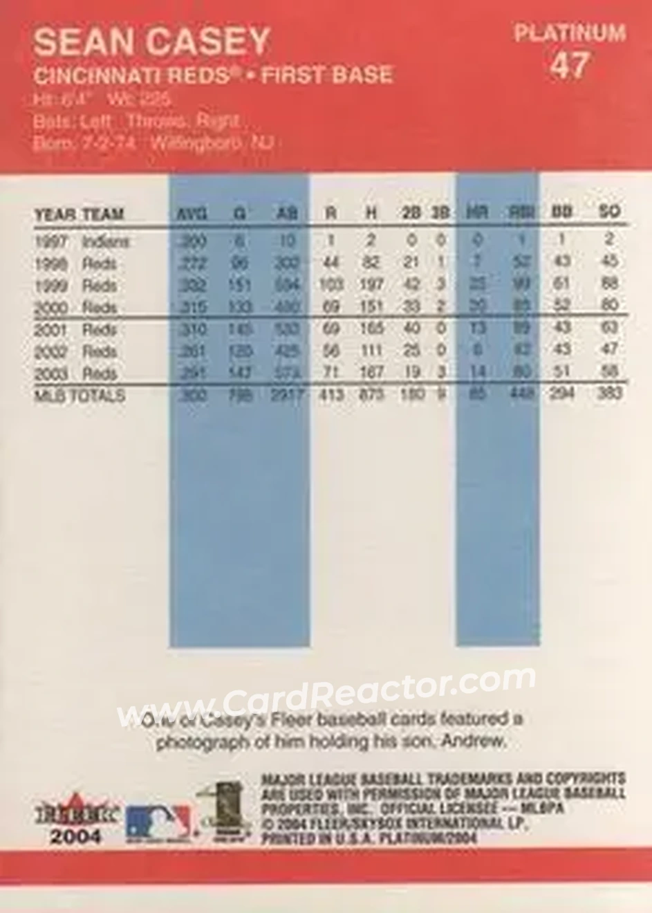 2004 Fleer Platinum #47 - Sean Casey - Cincinnati Reds - Back