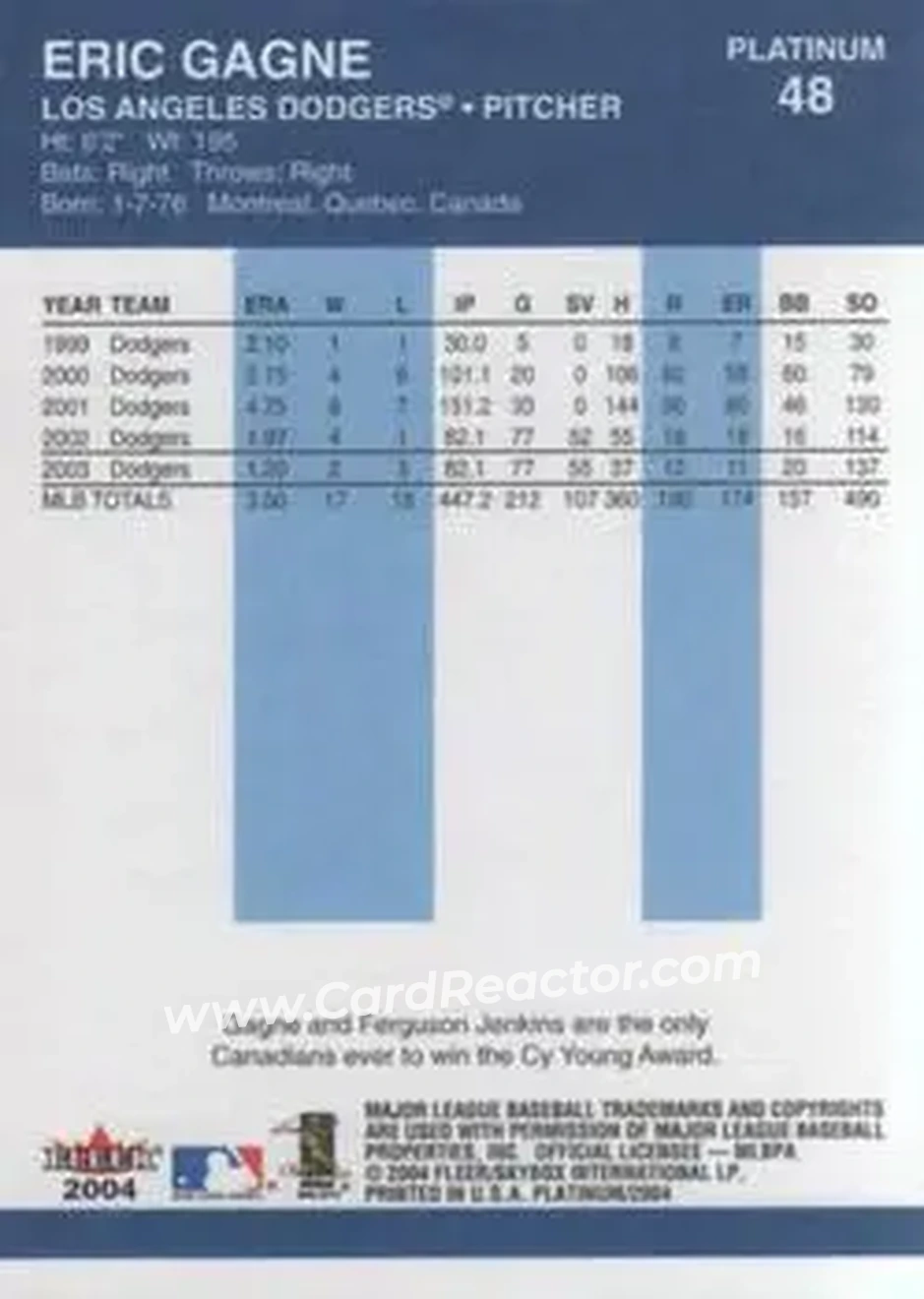 2004 Fleer Platinum #48 - Eric Gagne - Los Angeles Dodgers - Back 2004 Fleer Platinum #48 - Eric Gagne - Los Angeles Dodgers - Back