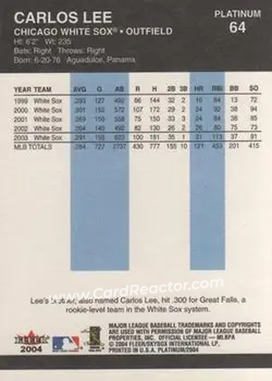 2004 Fleer Platinum #64 - Carlos Lee - Chicago White Sox - Back
