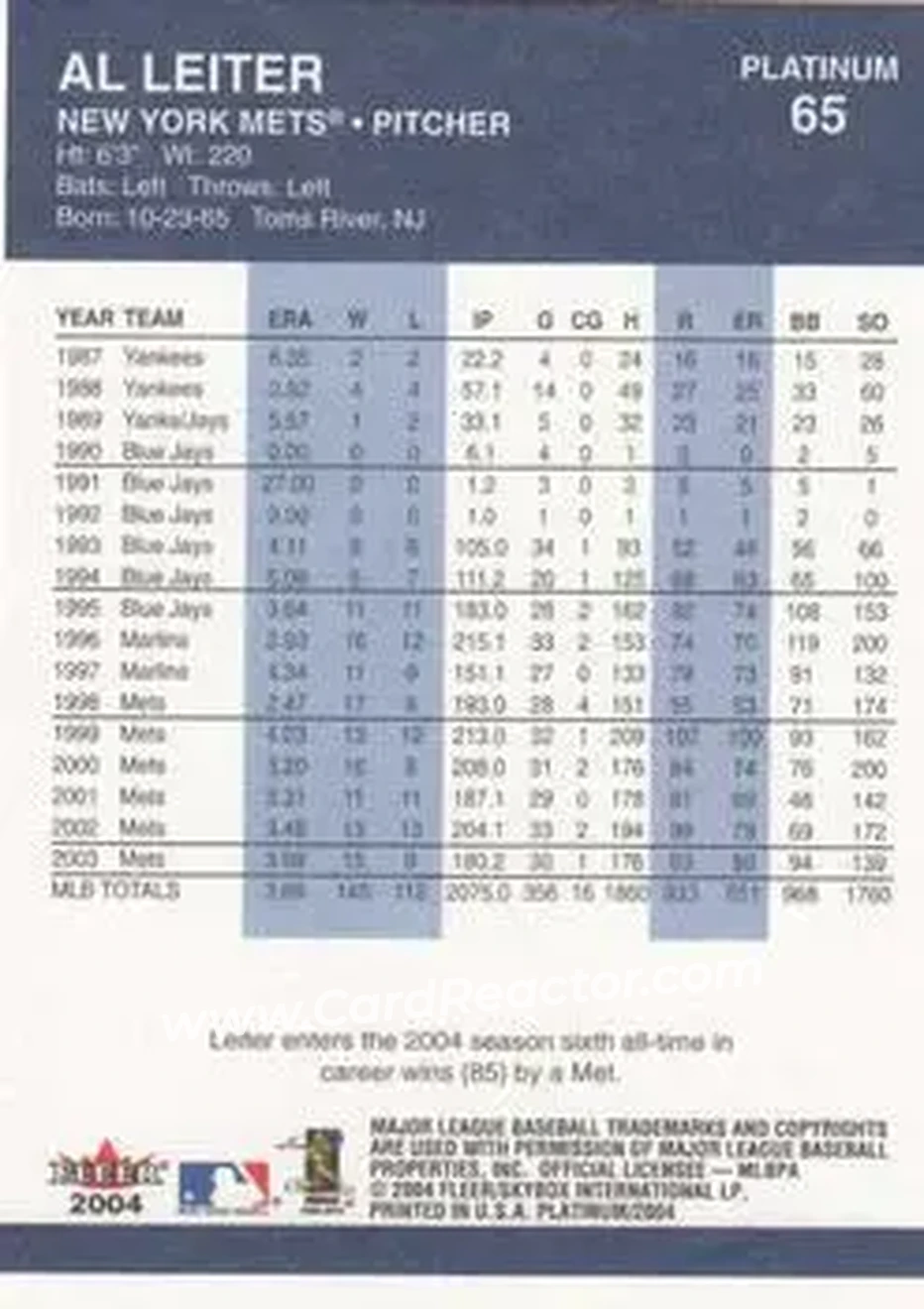 2004 Fleer Platinum #65 - Al Leiter - New York Mets - Back
