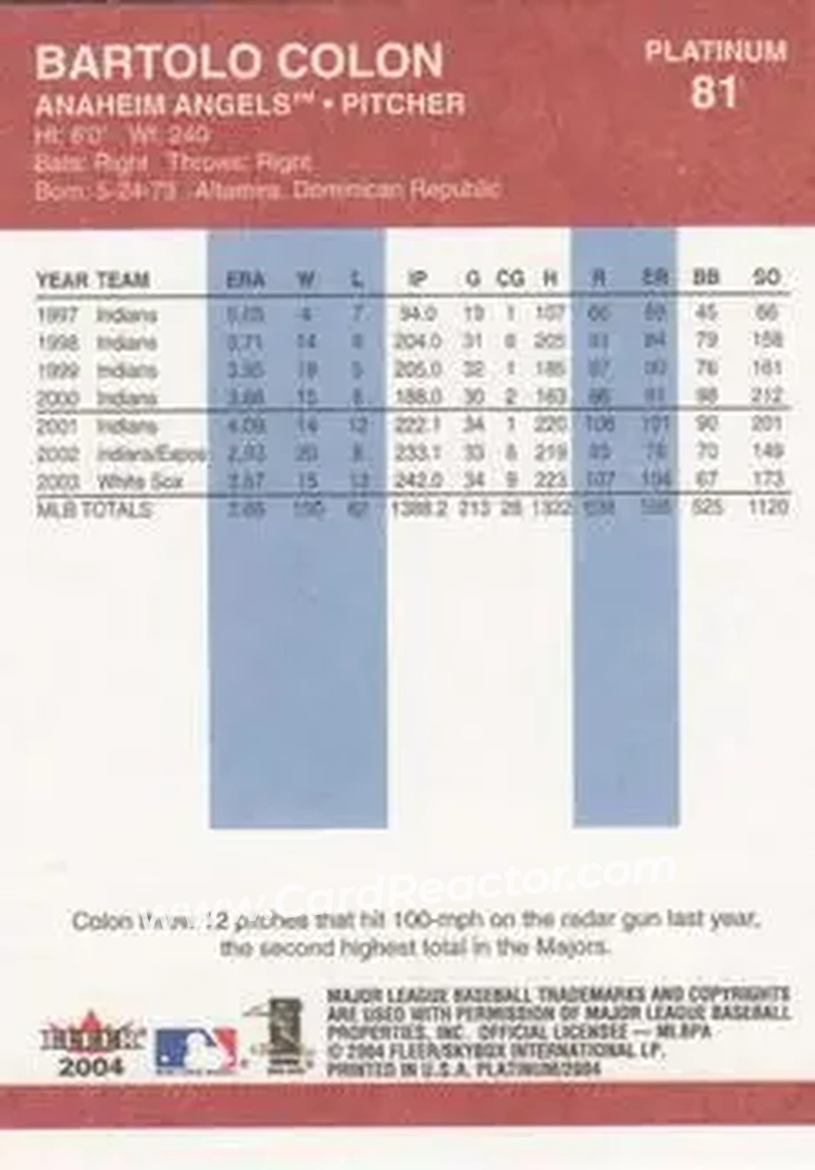 2004 Fleer Platinum #81 - Bartolo Colon - Anaheim Angels - Back 2004 Fleer Platinum #81 - Bartolo Colon - Anaheim Angels - Back