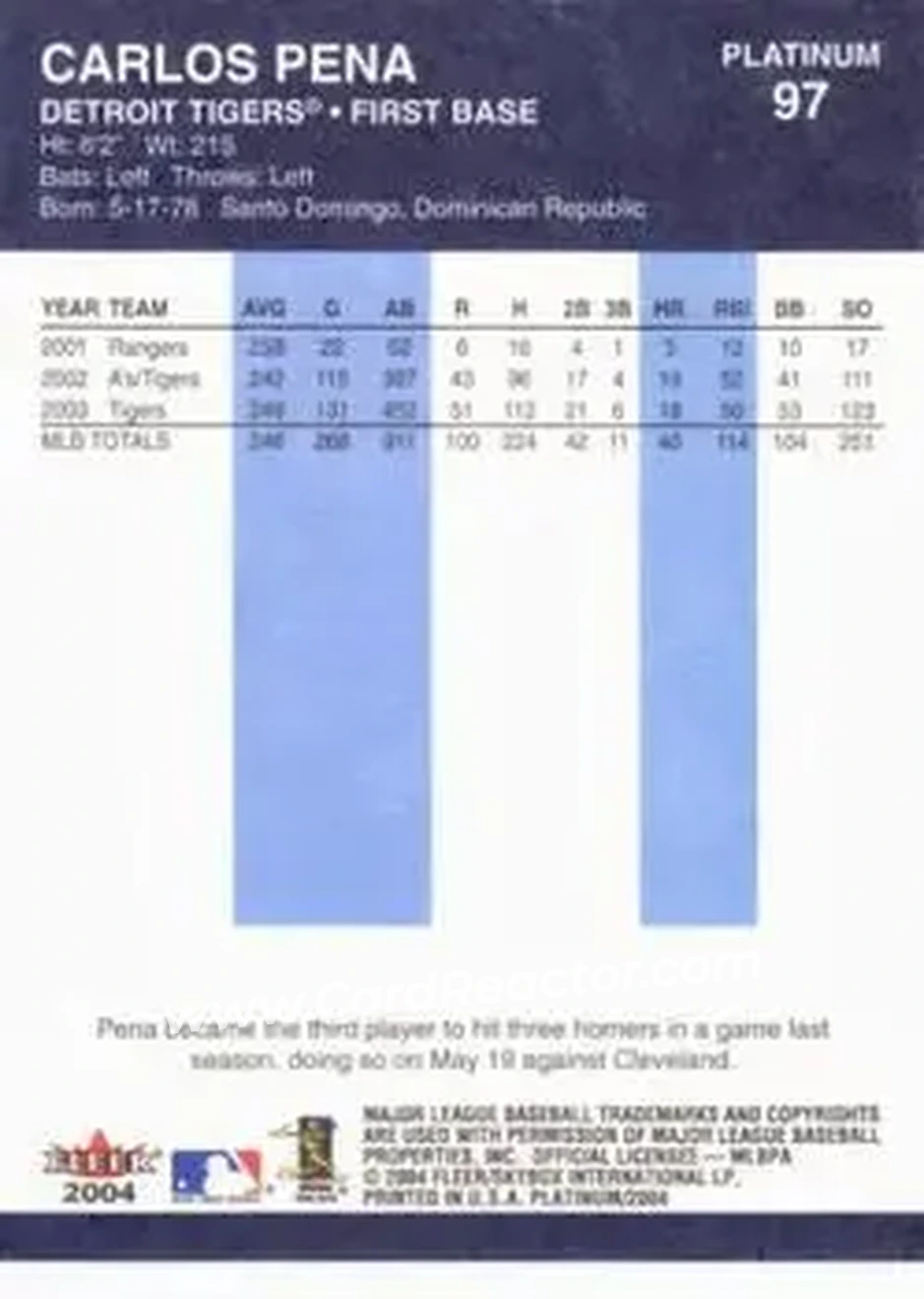 2004 Fleer Platinum #97 - Carlos Peña - Detroit Tigers - Back