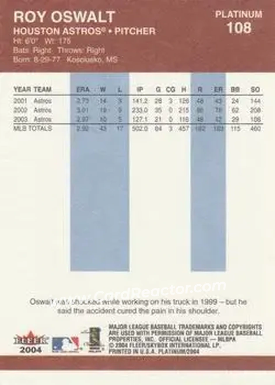 2004 Fleer Platinum #108 - Roy Oswalt - Houston Astros - Back