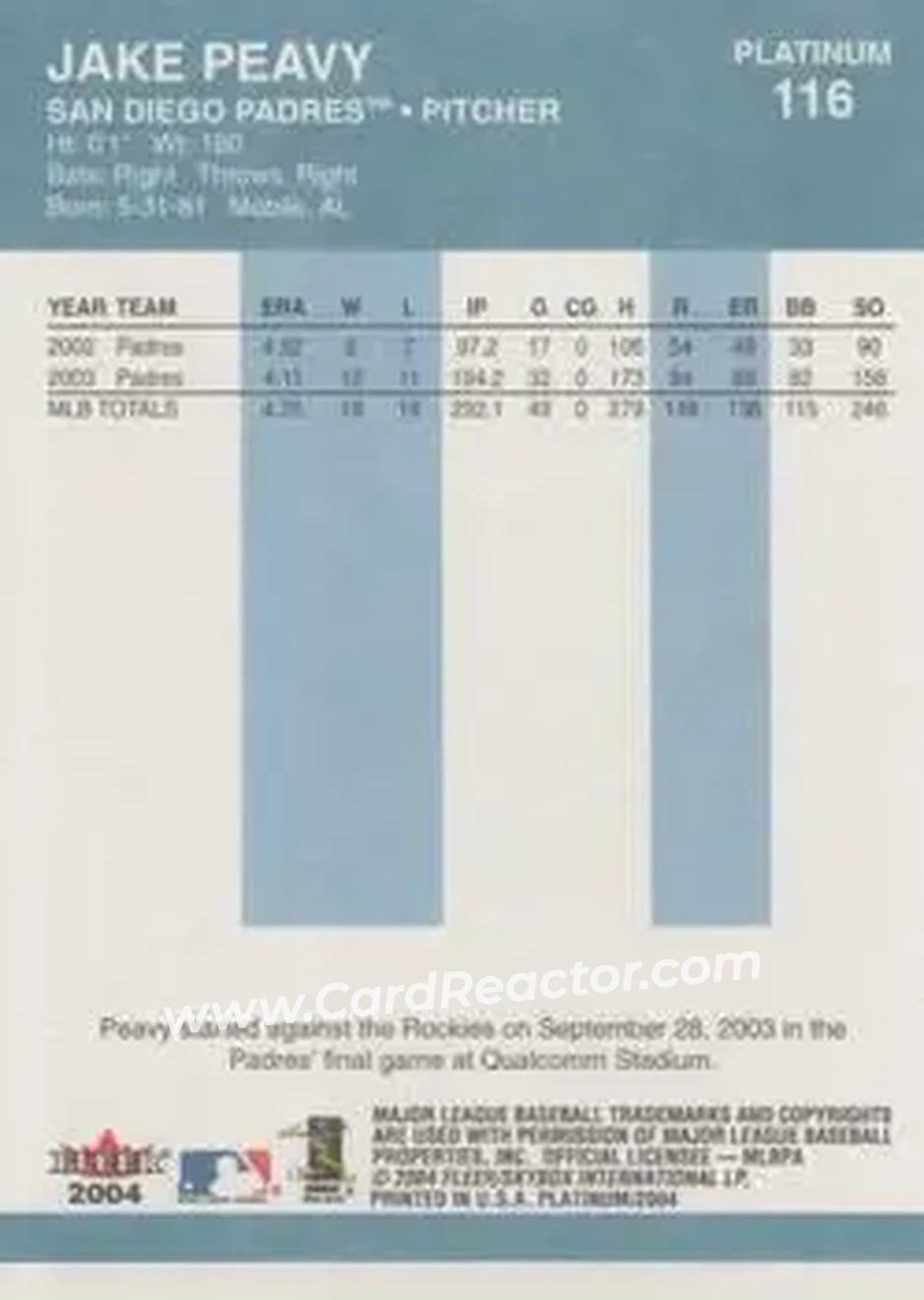 2004 Fleer Platinum #116 - Jake Peavy - San Diego Padres - Back