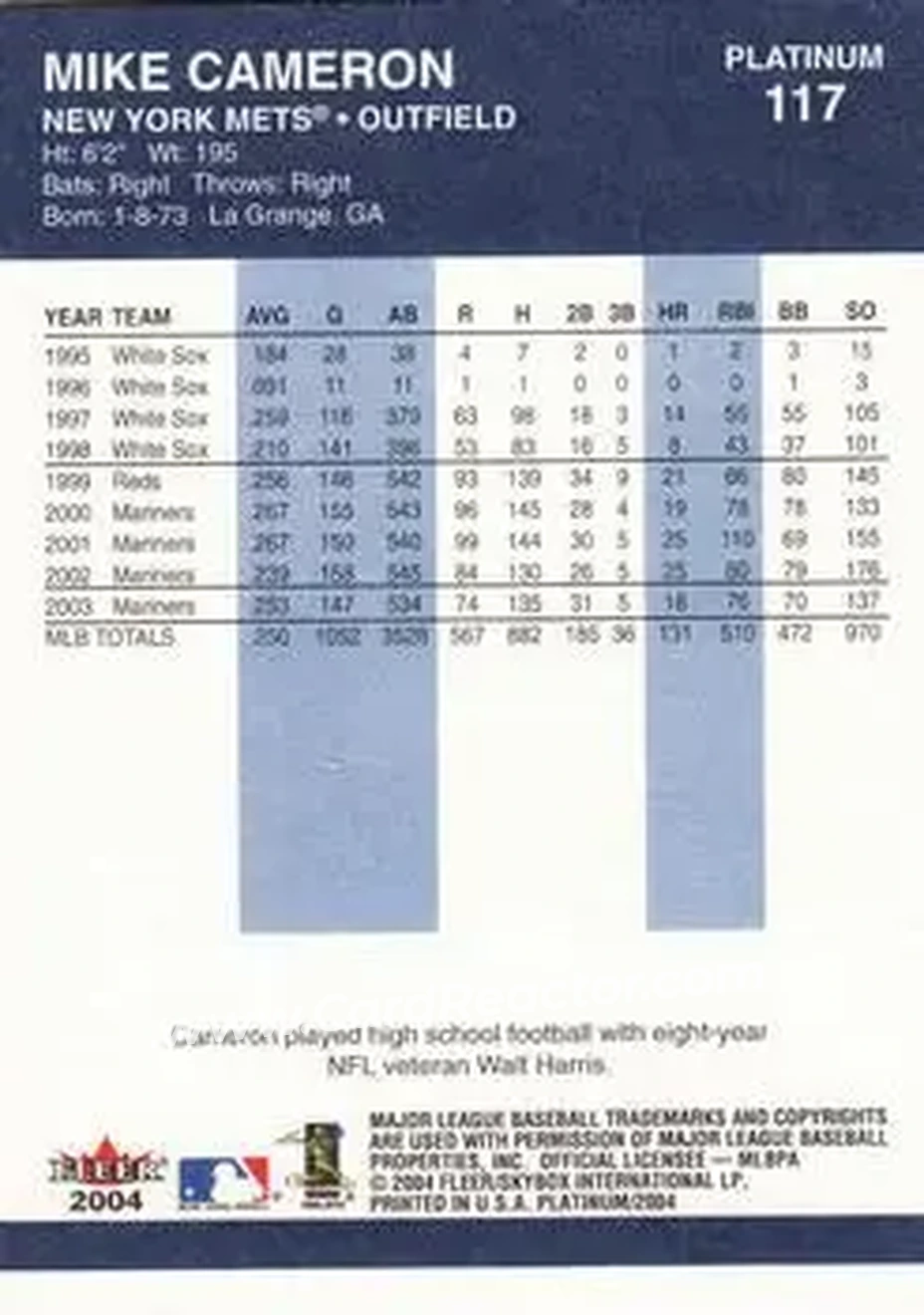 2004 Fleer Platinum #117 - Mike Cameron - New York Mets - Back