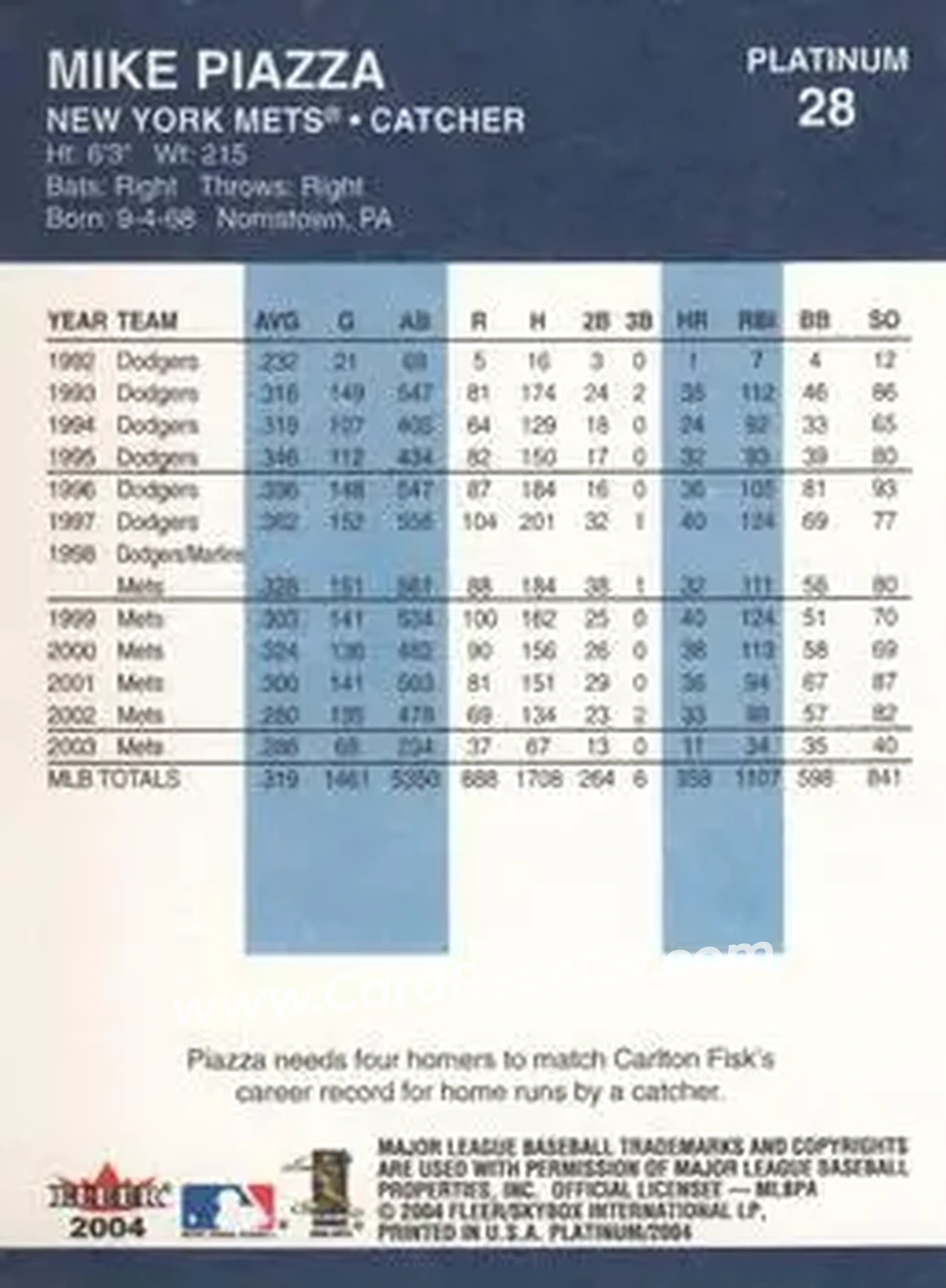 2004 Fleer Platinum #28 - Mike Piazza - New York Mets - Back 2004 Fleer Platinum #28 - Mike Piazza - New York Mets - Back