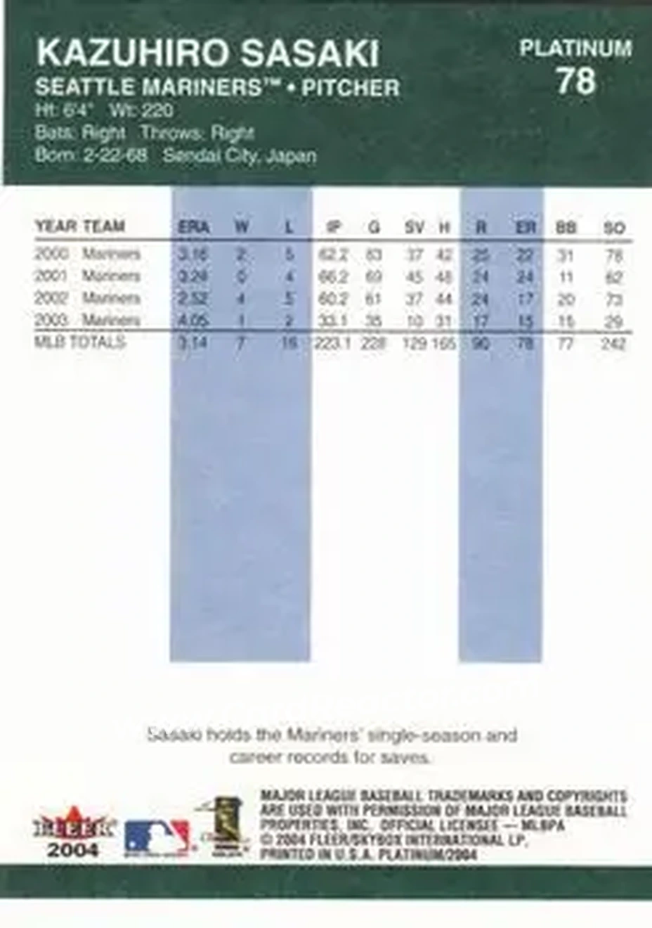 2004 Fleer Platinum #78 - Kazuhiro Sasaki - Seattle Mariners - Back 2004 Fleer Platinum #78 - Kazuhiro Sasaki - Seattle Mariners - Back