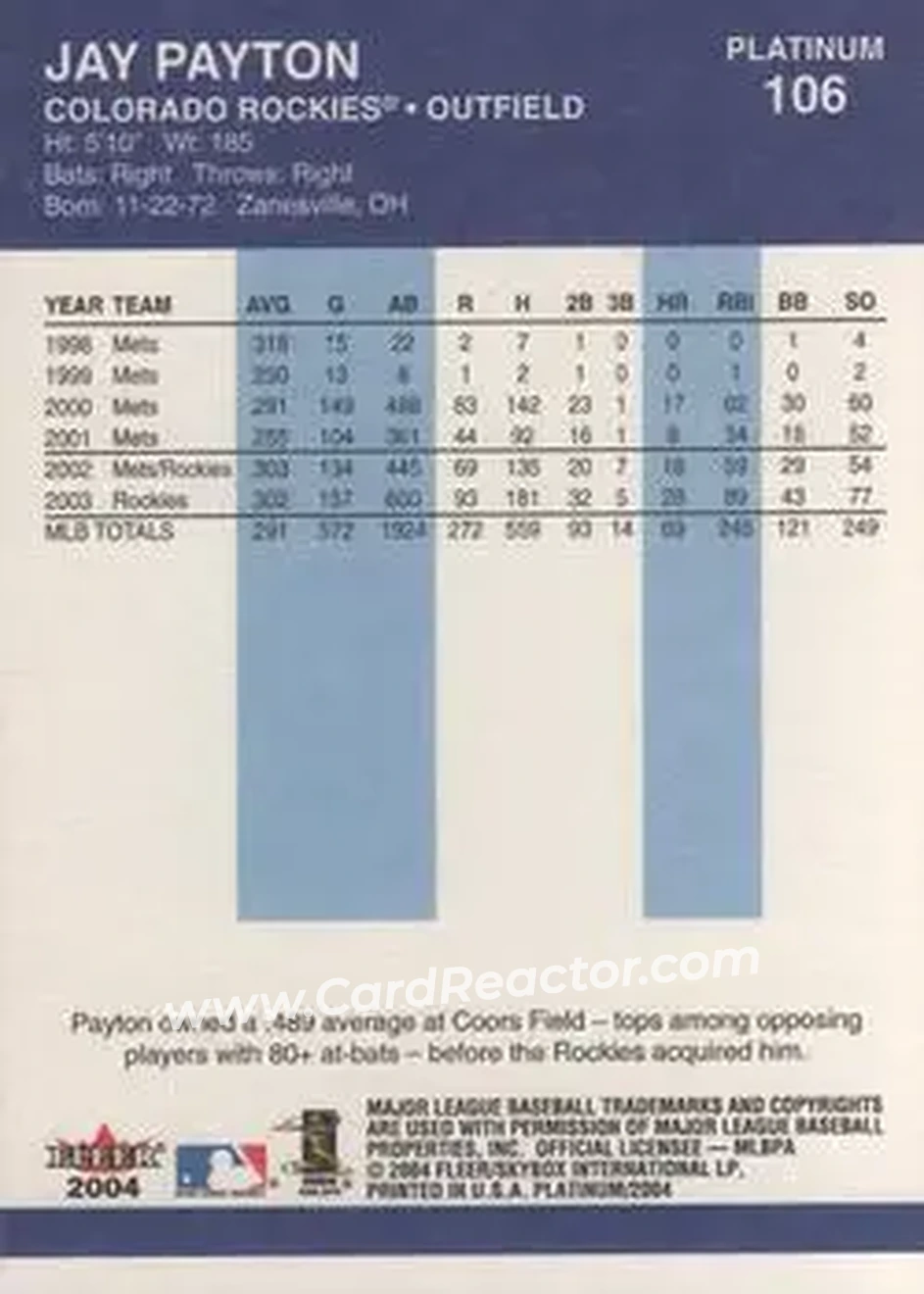2004 Fleer Platinum #106 - Jay Payton - Colorado Rockies - Back 2004 Fleer Platinum #106 - Jay Payton - Colorado Rockies - Back