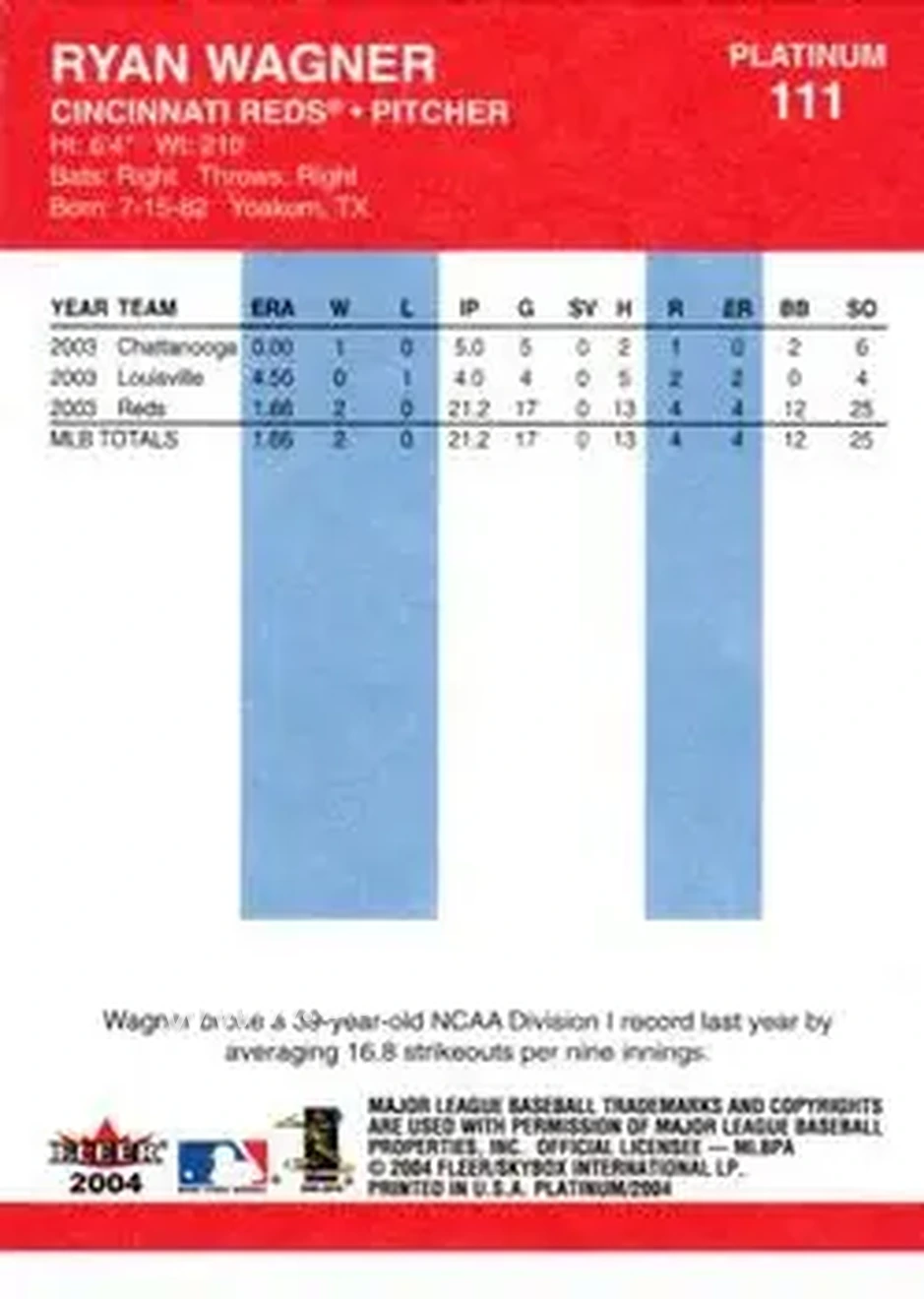 2004 Fleer Platinum #111 - Ryan Wagner - Cincinnati Reds - Back