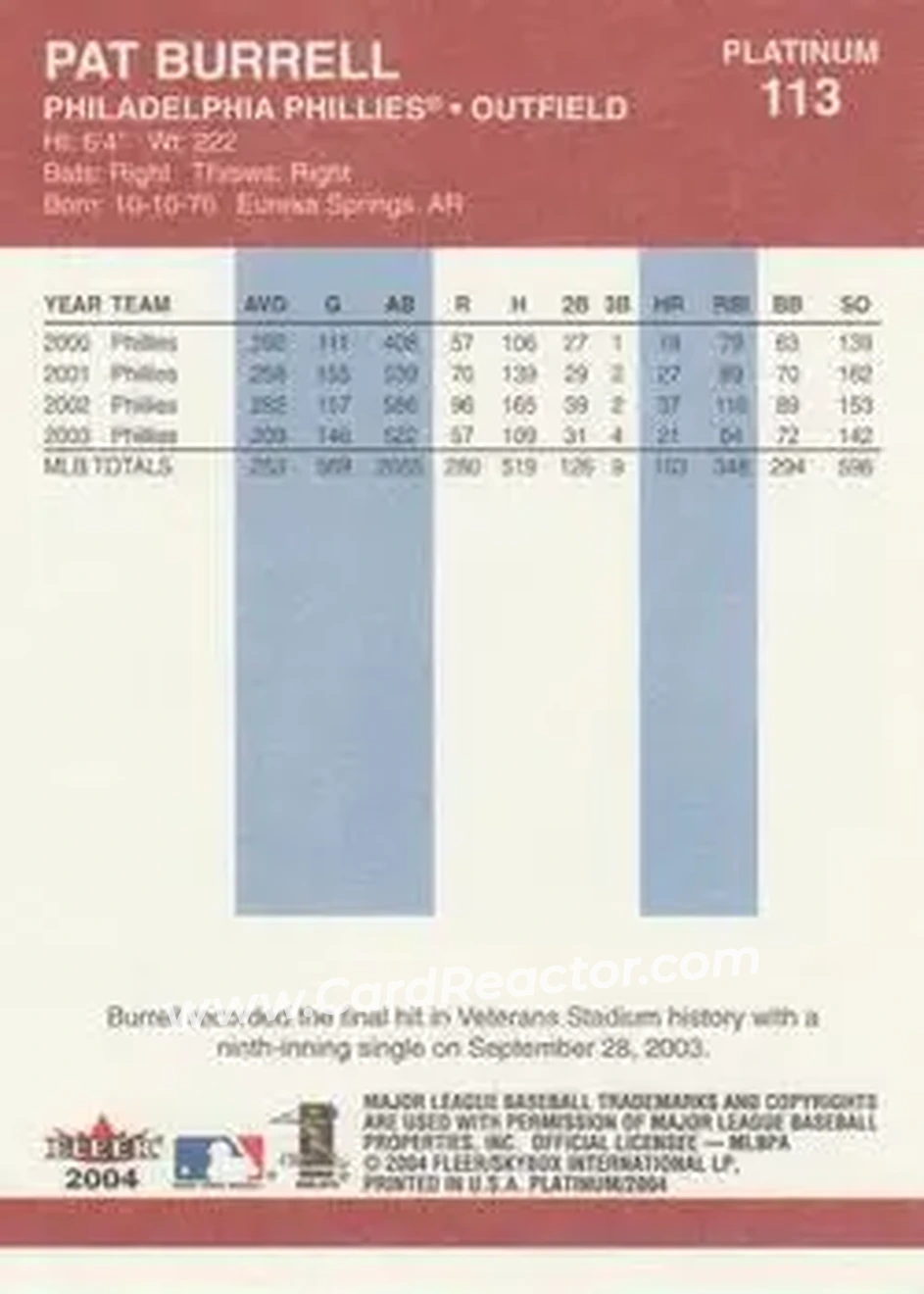 2004 Fleer Platinum #113 - Pat Burrell - Philadelphia Phillies - Back 2004 Fleer Platinum #113 - Pat Burrell - Philadelphia Phillies - Back