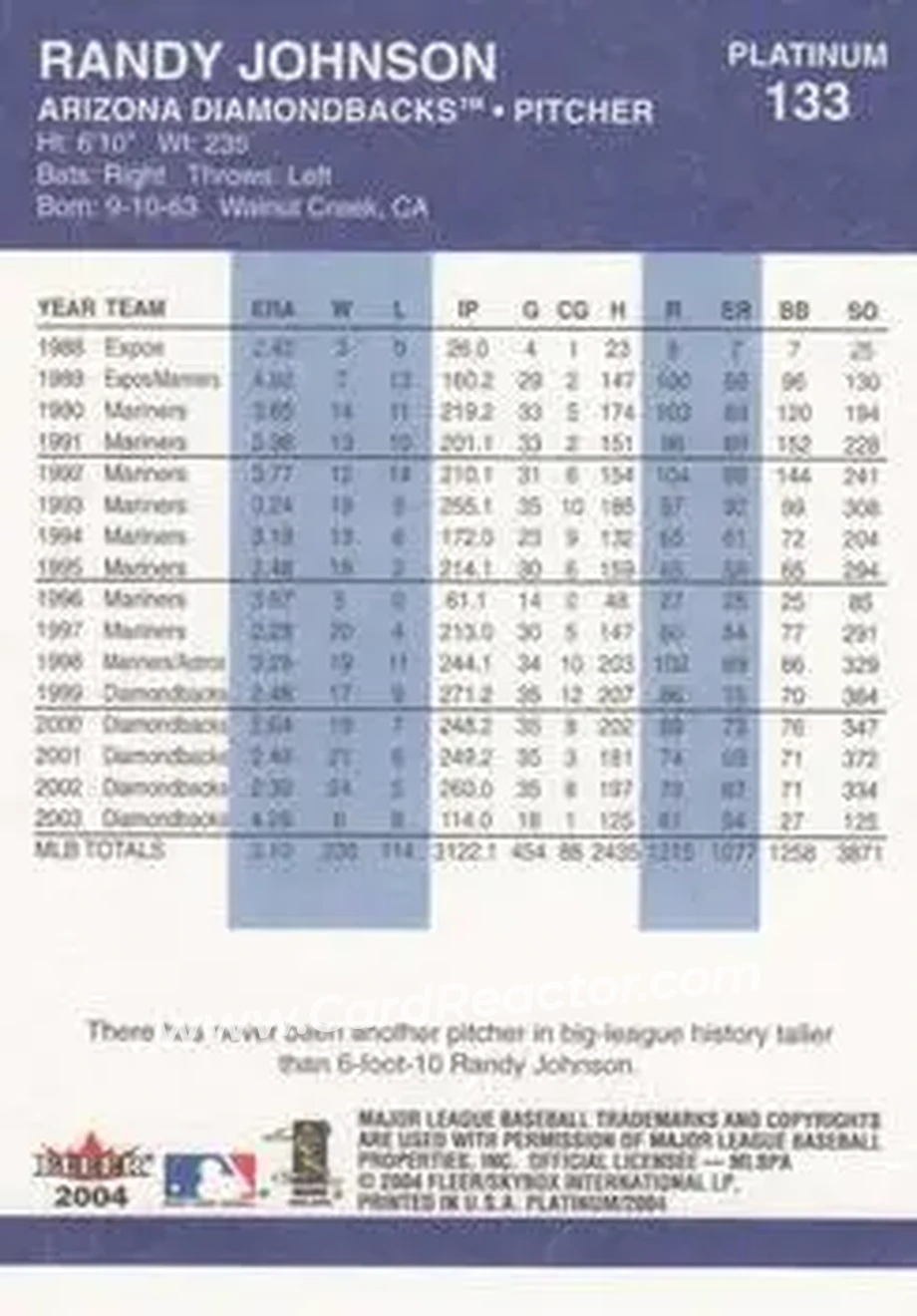 2004 Fleer Platinum #133 - Randy Johnson - Arizona Diamondbacks - Back 2004 Fleer Platinum #133 - Randy Johnson - Arizona Diamondbacks - Back
