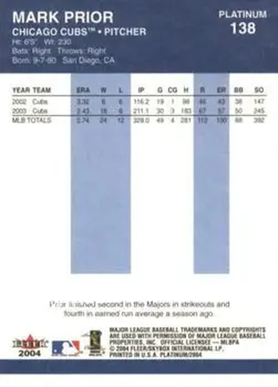 2004 Fleer Platinum #138 - Mark Prior - Chicago Cubs - Back 2004 Fleer Platinum #138 - Mark Prior - Chicago Cubs - Back