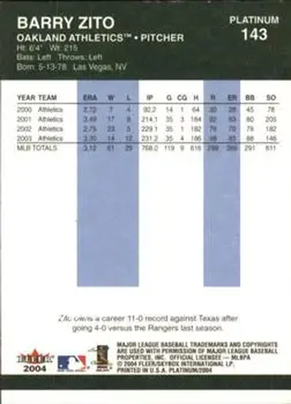 2004 Fleer Platinum #143 - Barry Zito - Oakland Athletics - Back