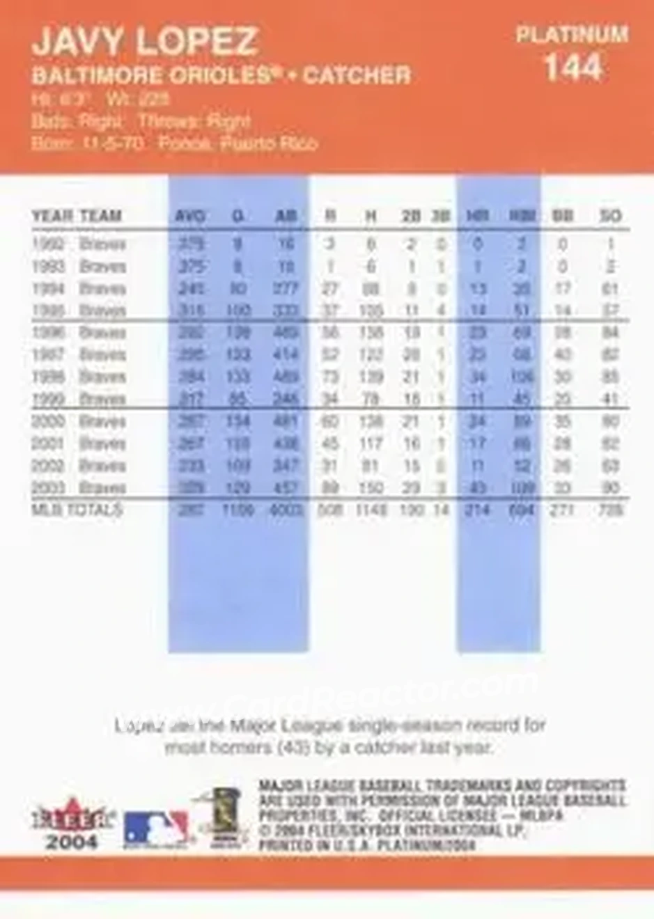 2004 Fleer Platinum #144 - Javier Lopez - Baltimore Orioles - Back