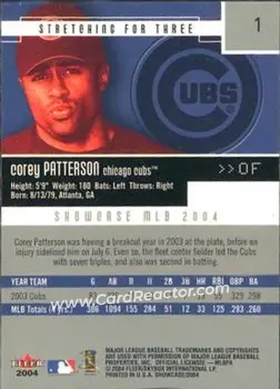 2004 Fleer Showcase #1 - Corey Patterson - Chicago Cubs - Back