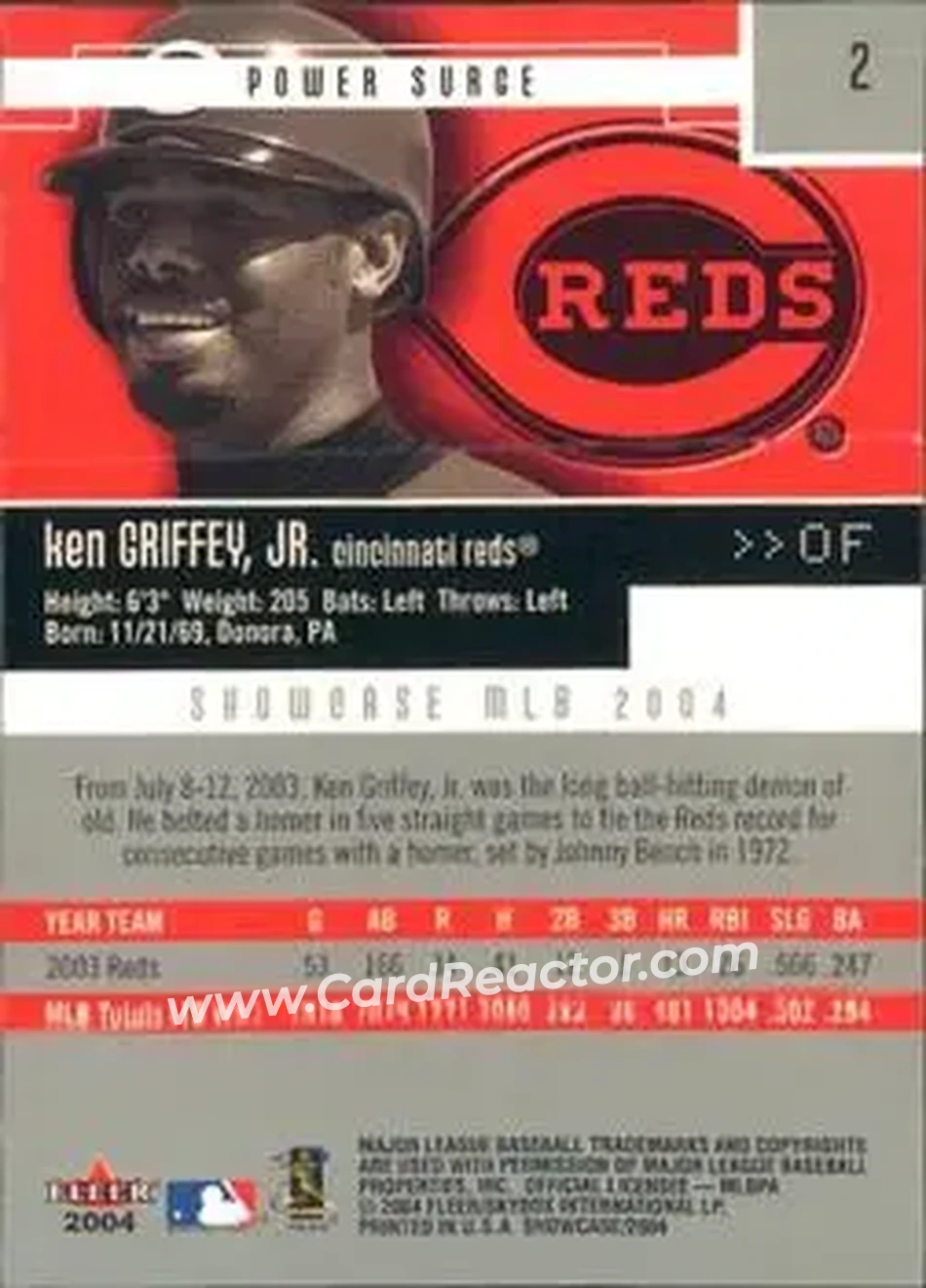 2004 Fleer Showcase #2 - Ken Griffey Jr. - Cincinnati Reds - Back